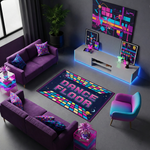 Neon ve retro stilde tasarlanmış dekoratif halı, merkezde büyük DANCE FLOOR yazısı içerir. Koyu zemin üzerinde parlak renkli geometrik ışık desenleri ile enerjik ve dikkat çekici bir kompozisyon sunar.