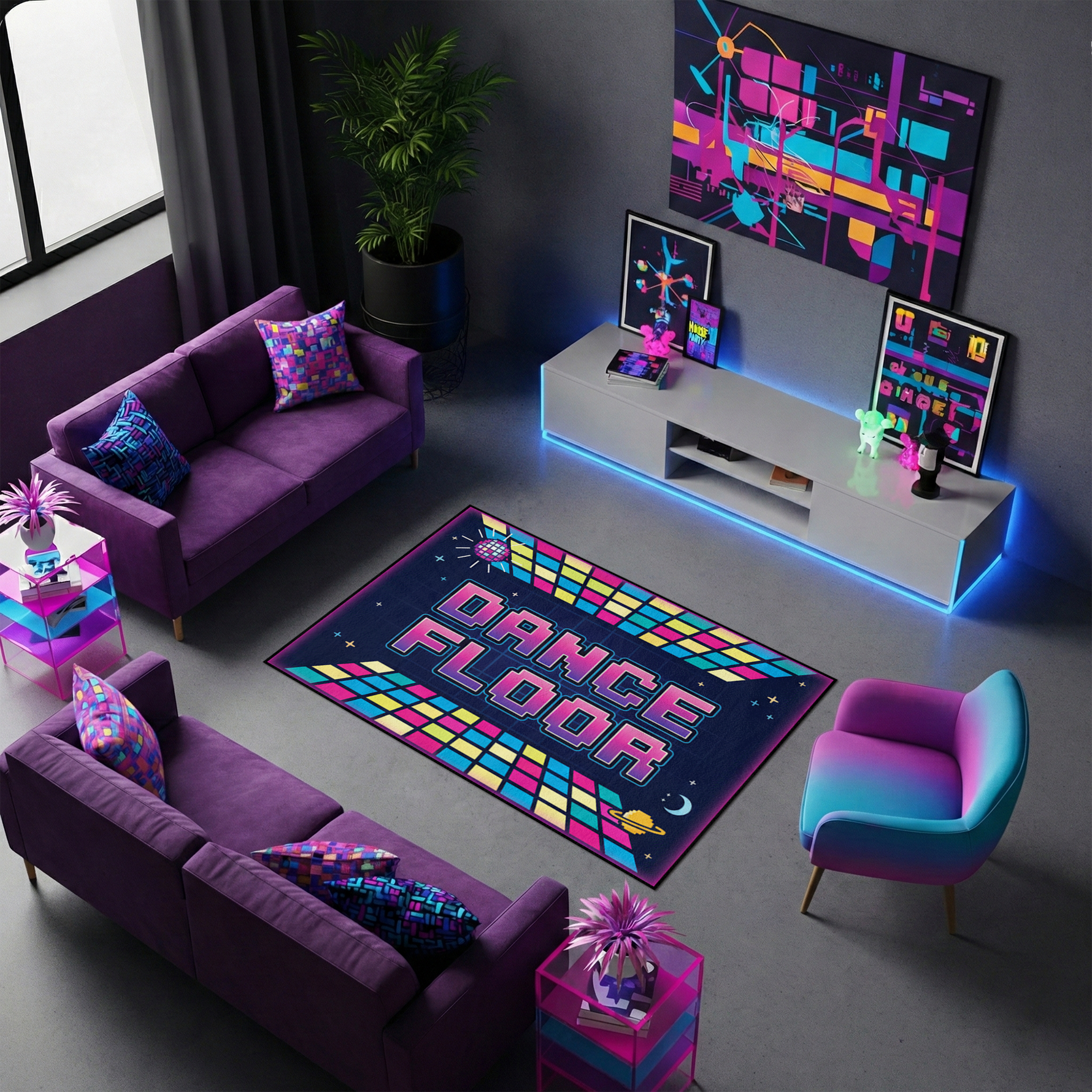 Neon ve retro stilde tasarlanmış dekoratif halı, merkezde büyük DANCE FLOOR yazısı içerir. Koyu zemin üzerinde parlak renkli geometrik ışık desenleri ile enerjik ve dikkat çekici bir kompozisyon sunar.
