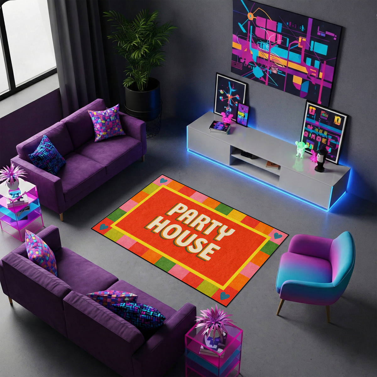 Modern ve renkli tasarıma sahip halı, ortada PARTY HOUSE yazısı içerir. Renk bloklu çerçeve ve kontrast tonlar ile dinamik ve dikkat çekici bir kompozisyon oluşturur.