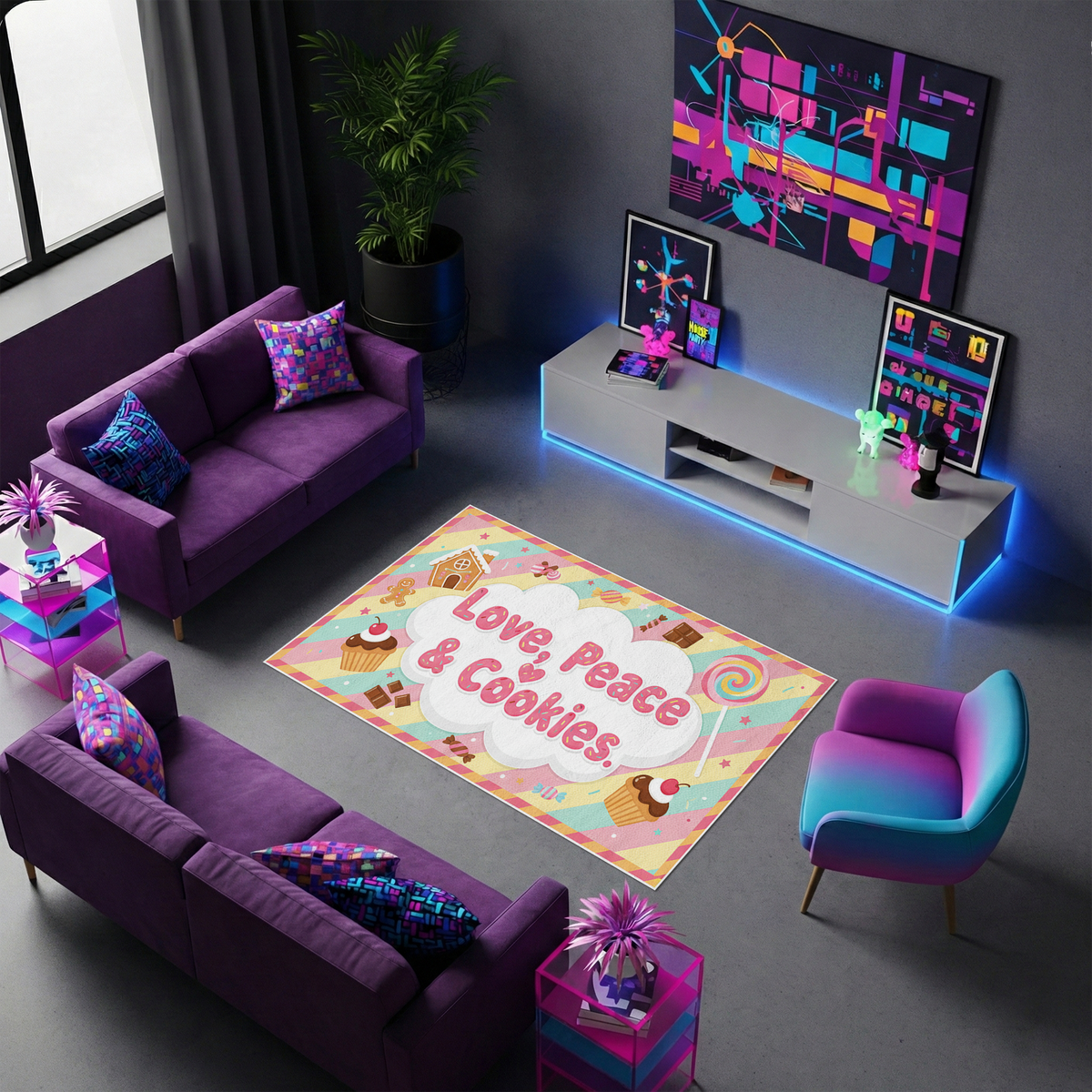 Tatlı temalı illüstratif grafik estetiğe sahip sanatsal halı tasarımı, ortada kabarık bulut formu içinde yer alan “Love, Peace & Cookies” tipografik yazısı ile öne çıkar. Pastel pembe, mint ve sarı tonlu zemin üzerinde kurabiye, cupcake, çikolata parçaları ve şeker motifleri bulunan eğlenceli pop art kompozisyon içerir.