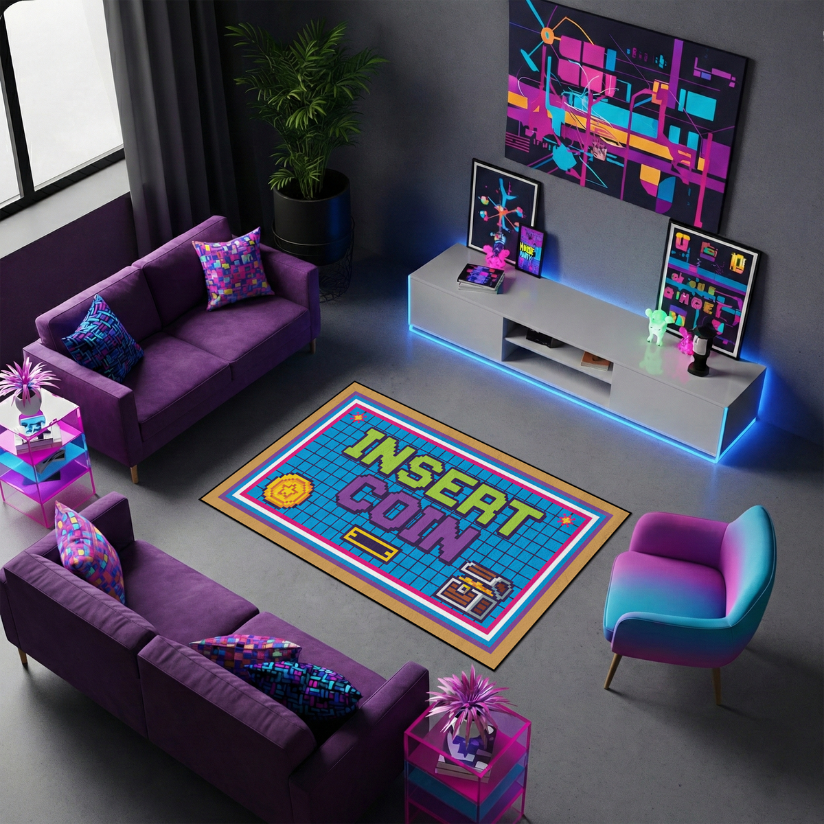 Retro arcade temalı dekoratif halı, merkezde INSERT COIN yazısı ile dikkat çeker. Piksel stil grafikler, joystick ikonları ve grid zemin ile nostaljik ve eğlenceli bir tasarım sunar.