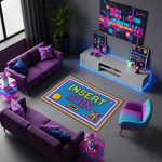 Retro arcade temalı dekoratif halı, merkezde INSERT COIN yazısı ile dikkat çeker. Piksel stil grafikler, joystick ikonları ve grid zemin ile nostaljik ve eğlenceli bir tasarım sunar.