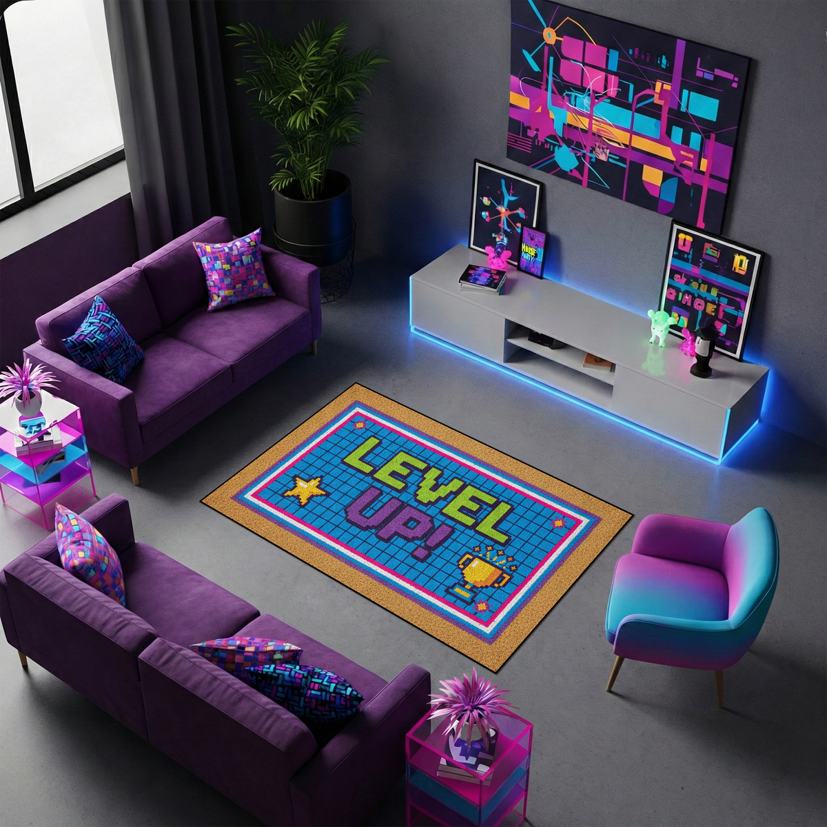 Modern ve gaming temalı dekoratif halı tasarımı, merkezde dikkat çeken LEVEL UP yazısı ile öne çıkar. Canlı tonlar ve piksel desenler ile enerjik ve eğlenceli bir görünüm oluşturur.