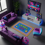 Modern ve gaming temalı dekoratif halı tasarımı, merkezde dikkat çeken LEVEL UP yazısı ile öne çıkar. Canlı tonlar ve piksel desenler ile enerjik ve eğlenceli bir görünüm oluşturur.