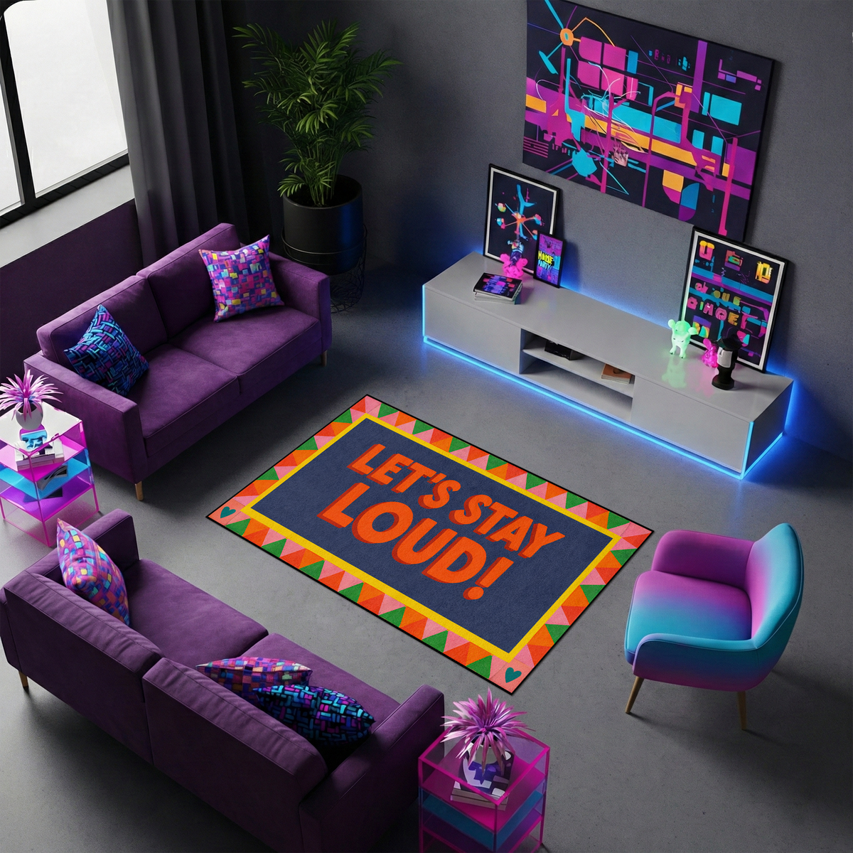 Canlı renkler ve modern grafik detaylarla tasarlanmış halı, LET’S STAY LOUD! yazısı ile öne çıkar. Geometrik çerçeve ve kontrast zemin ile enerjik bir dekoratif stil sunar.
