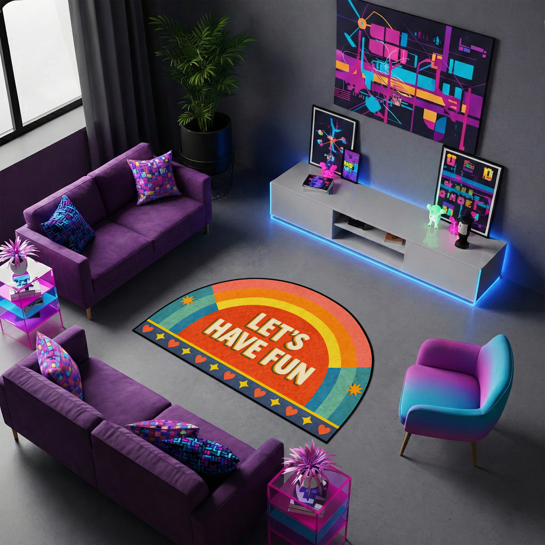 Canlı renkler ve eğlenceli detaylarla hazırlanmış halı, merkezde LET’S HAVE FUN yazısı barındırır. Gökkuşağı desen ve dekoratif motifler ile dikkat çekici bir görünüm oluşturur.
