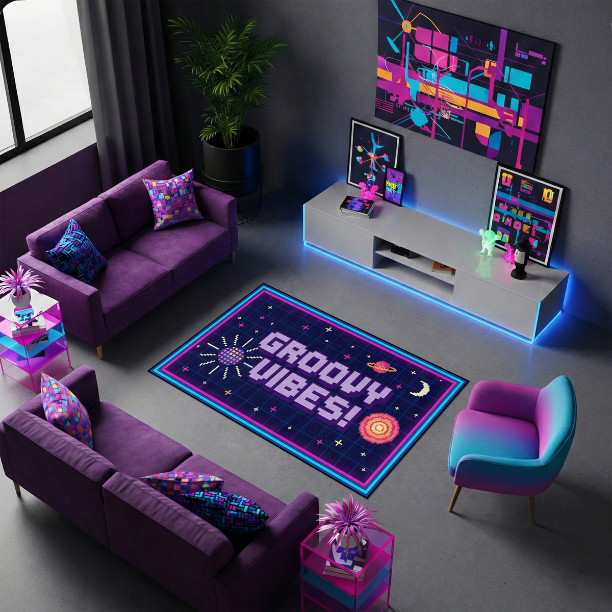 Neon ve retro stilde tasarlanmış dekoratif halı, merkezde büyük GROOVY VIBES yazısı içerir. Koyu zemin üzerinde parlak renkli geometrik ve uzay temalı detaylar ile enerjik ve dikkat çekici bir kompozisyon sunar.