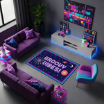 Neon ve retro stilde tasarlanmış dekoratif halı, merkezde büyük GROOVY VIBES yazısı içerir. Koyu zemin üzerinde parlak renkli geometrik ve uzay temalı detaylar ile enerjik ve dikkat çekici bir kompozisyon sunar.