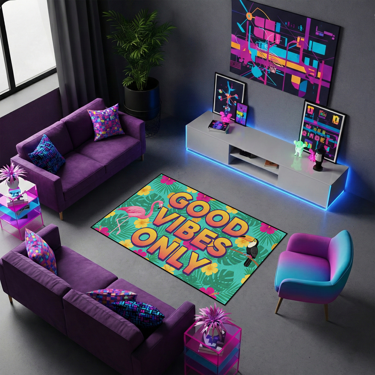 Modern ve tropikal stil dekoratif halı, merkezde GOOD VIBES ONLY yazısı ile güçlü bir vurgu yapar. Canlı renkler, çiçek desenleri ve kuş figürleri ile enerjik bir tasarım sunar.