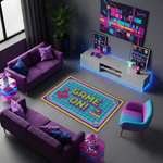 Renkli ve retro grafiklerle tasarlanmış halı, ortada GAME ON! yazısı içerir. Piksel detaylı joystick ve kare grid zemin ile dinamik ve oyun temalı bir kompozisyon oluşturur.