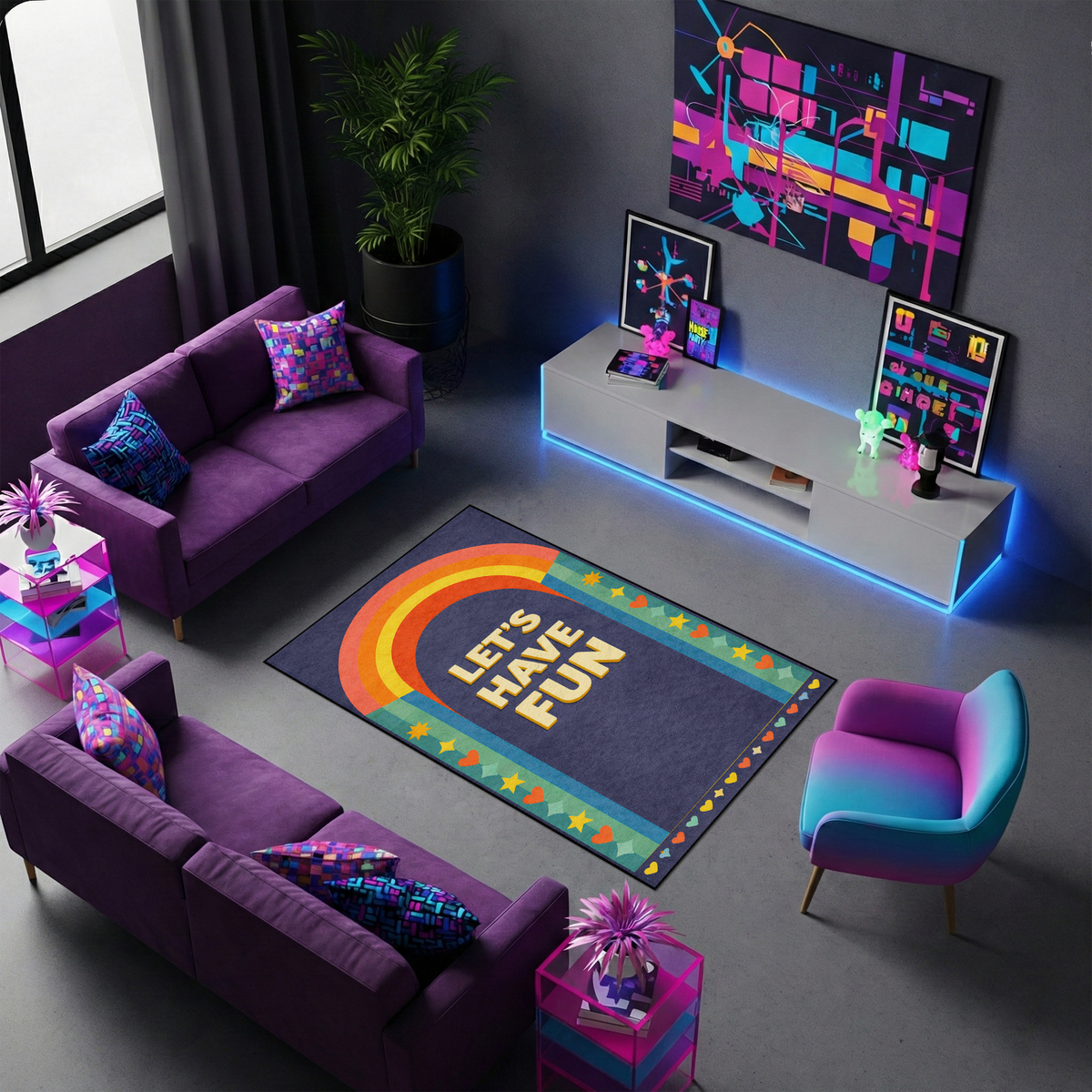 Pop art ve retro grafik tasarım anlayışıyla hazırlanmış dekoratif halı, merkezde kalın ve yuvarlak hatlı tipografi ile yazılmış “LET’S HAVE FUN” ifadesini barındırır. Sol bölümde sıcak tonlarda kemerli gökkuşağı illüstrasyonu yer alırken kenarlarda yıldız ve kalp figürleri bulunan renkli grafik bordür tasarımı bulunur.