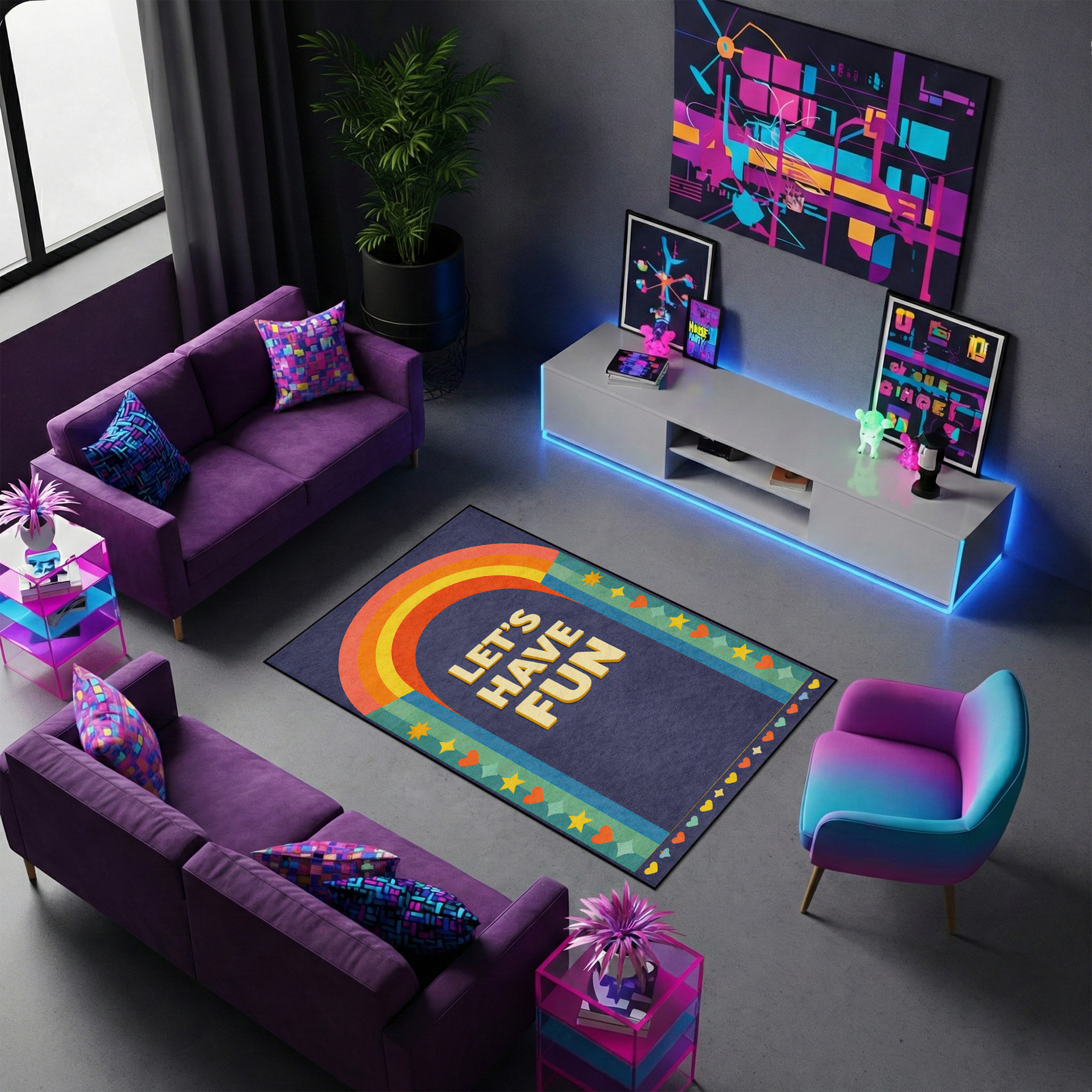 Pop art ve retro grafik tasarım anlayışıyla hazırlanmış dekoratif halı, merkezde kalın ve yuvarlak hatlı tipografi ile yazılmış “LET’S HAVE FUN” ifadesini barındırır. Sol bölümde sıcak tonlarda kemerli gökkuşağı illüstrasyonu yer alırken kenarlarda yıldız ve kalp figürleri bulunan renkli grafik bordür tasarımı bulunur.