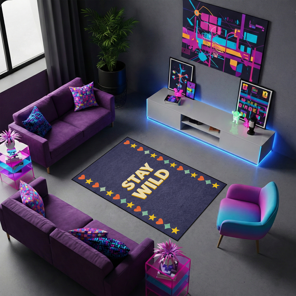 Retro pop art stilinde tasarlanmış modern dekoratif halı, koyu mavi zemin üzerinde merkezde büyük ve kalın tipografi ile yazılmış “STAY WILD” ifadesini içerir. Tasarımın çevresinde sarı yıldızlar ve çok renkli kalp figürlerinden oluşan grafik bordür yer alır. Enerjik renk paleti ile hazırlanmış illüstratif ve tipografi odaklı sanatsal halı tasarımıdır.