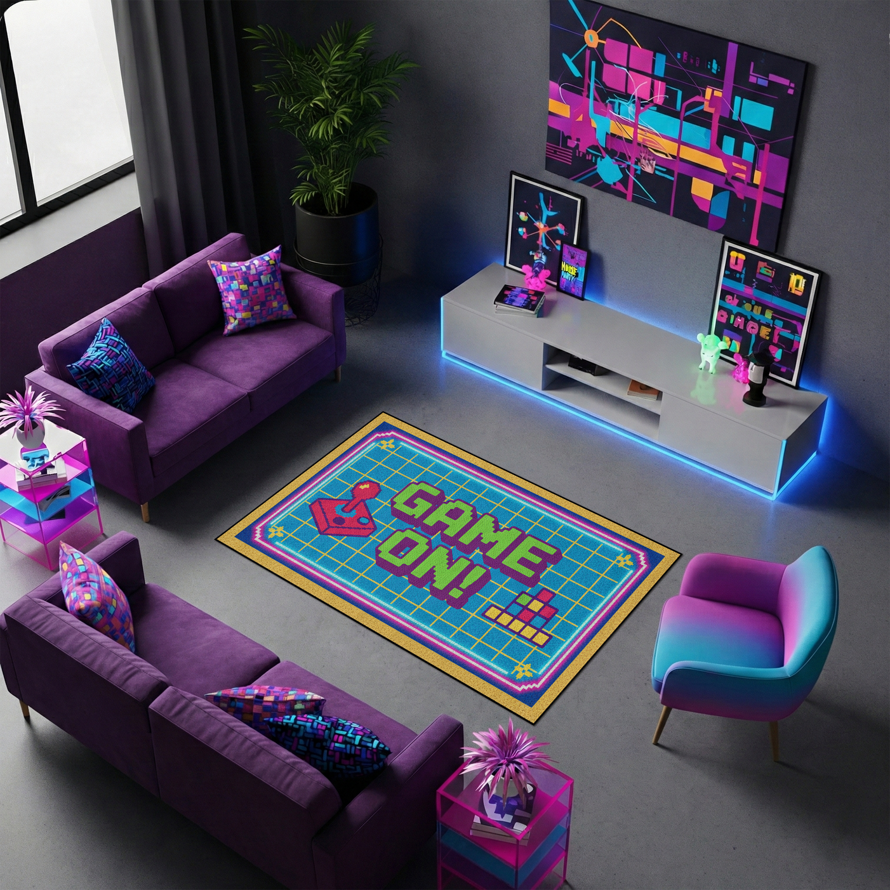 Renkli ve retro grafiklerle hazırlanmış halı, ortada GAME ON! yazısı içerir. Piksel joystick figürü ve kare grid zemin ile dinamik ve eğlenceli bir kompozisyon oluşturur.