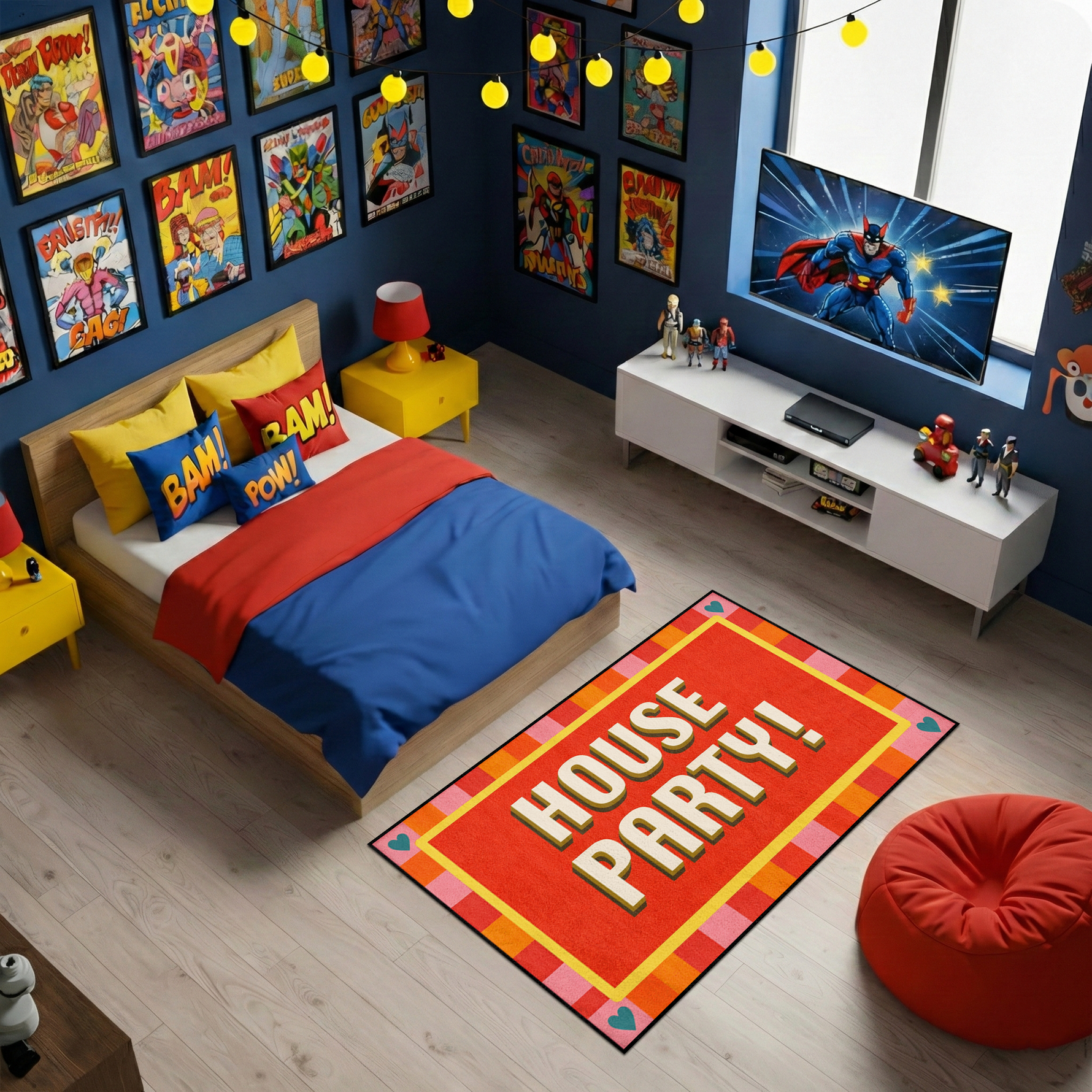 Pop-art ve modern dekoratif halı tasarımı, merkezde enerjik HOUSE PARTY yazısı içerir. Canlı renk geçişleri ve sade geometrik detaylar ile eğlenceli ve estetik bir görünüm sunar.