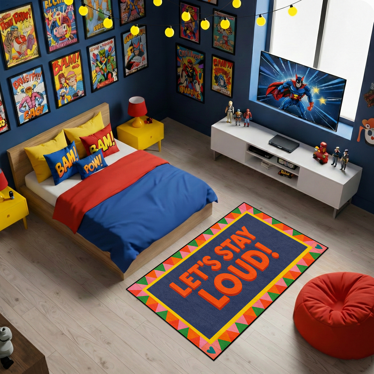 Eğlenceli ve dikkat çekici tasarıma sahip dekoratif halı, merkezde LET’S STAY LOUD! yazısı barındırır. Renkli çerçeve ve grafik desenler ile modern ve dinamik bir görünüm oluşturur.