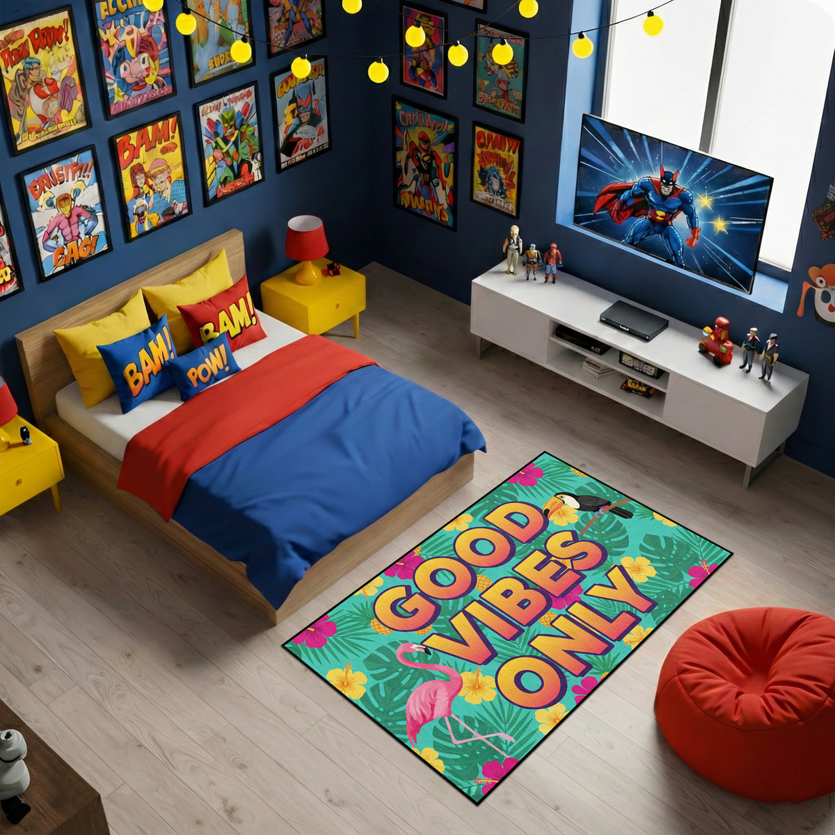 Grafik ve renkli tasarıma sahip dekoratif halı, GOOD VIBES ONLY yazısı ile dikkat çeker. Tropikal yapraklar ve flamingo detayları ile eğlenceli ve sıcak bir atmosfer oluşturur.