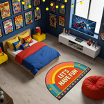 Renkli ve modern estetikte tasarlanmış halı, ortada LET’S HAVE FUN yazısı içerir. Yarım daire form ve kontrast tonlar ile eğlenceli ve dinamik bir kompozisyon sunar.