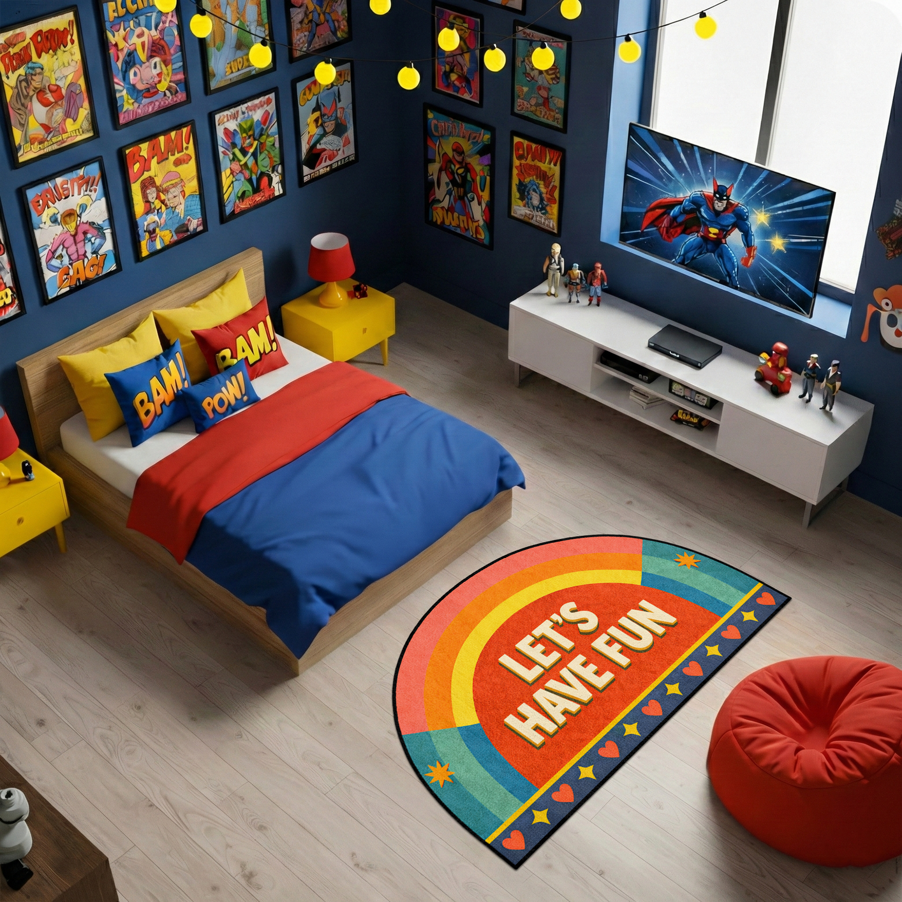 Renkli ve modern estetikte tasarlanmış halı, ortada LET’S HAVE FUN yazısı içerir. Yarım daire form ve kontrast tonlar ile eğlenceli ve dinamik bir kompozisyon sunar.