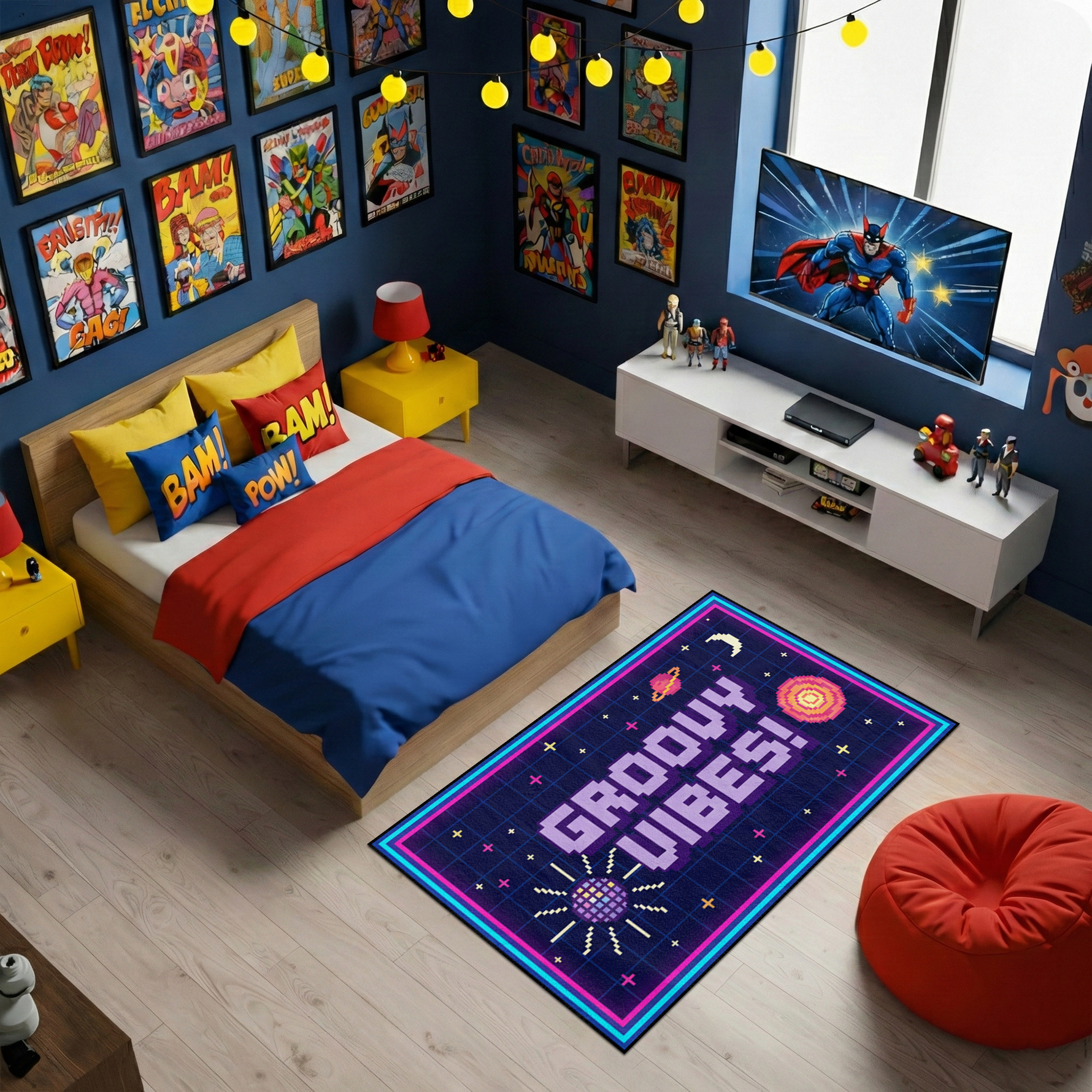 Grafik ve eğlenceli tarzda hazırlanmış dekoratif halı, merkezde GROOVY VIBES yazısı barındırır. Koyu zemin üzerinde neon detaylar ve canlı renkler ile güçlü bir kompozisyon oluşturur.
