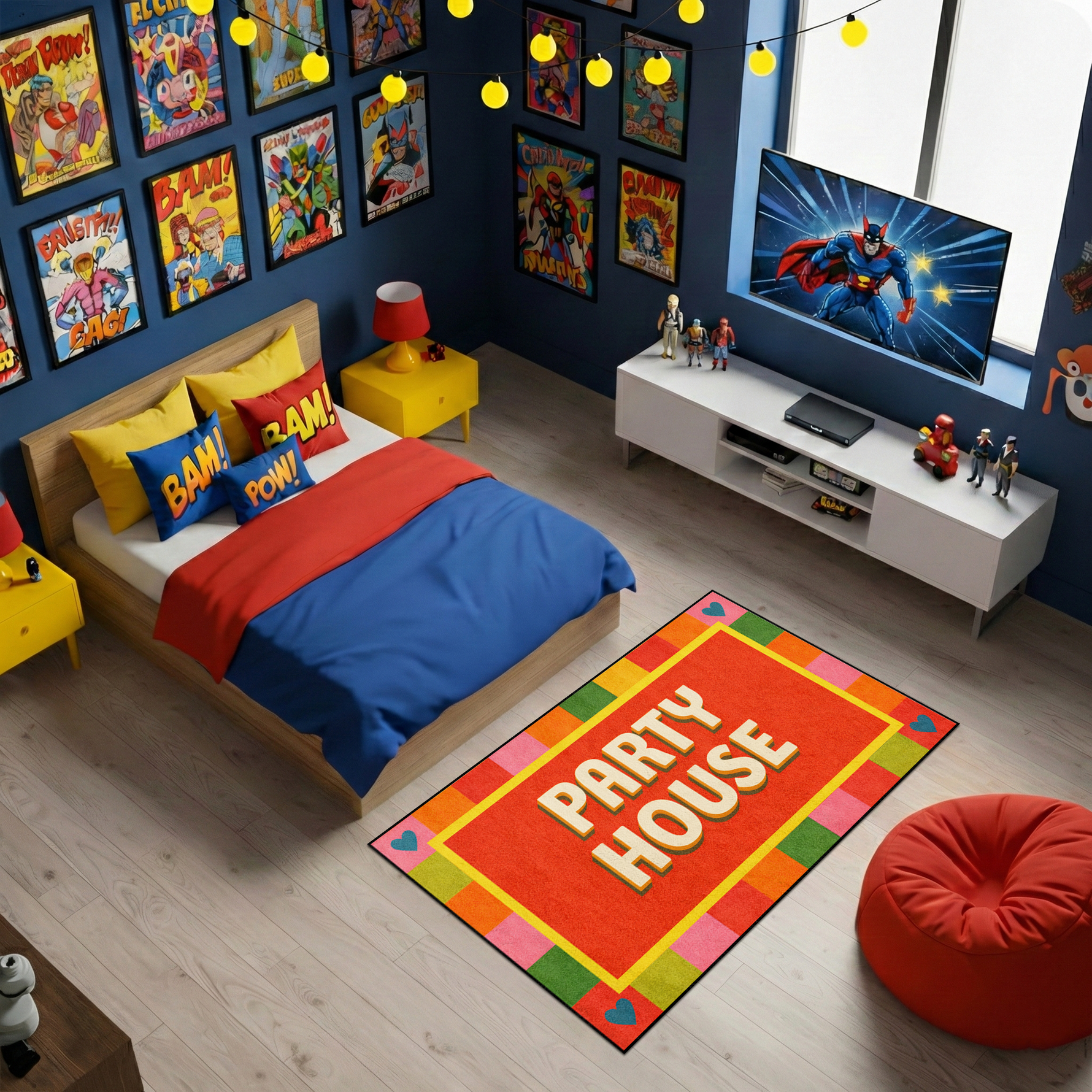 Grafik ve modern stil halı, merkezde PARTY HOUSE yazısı barındırır. Renkli çerçeve detayları ve parlak tonlar ile dinamik bir dekoratif görünüm oluşturur.