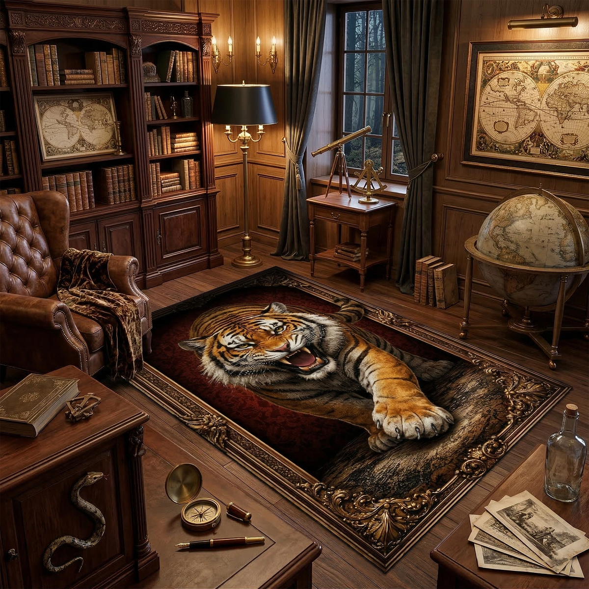 Klasik ve vintage stilde tasarlanmış dekoratif halı, merkezde detaylı işlenmiş güçlü kaplan figürü içerir. Yuvarlak madalyon içinde yer alan figür, altın tonlu ornamental bordürlerle çevrelenmiştir.
