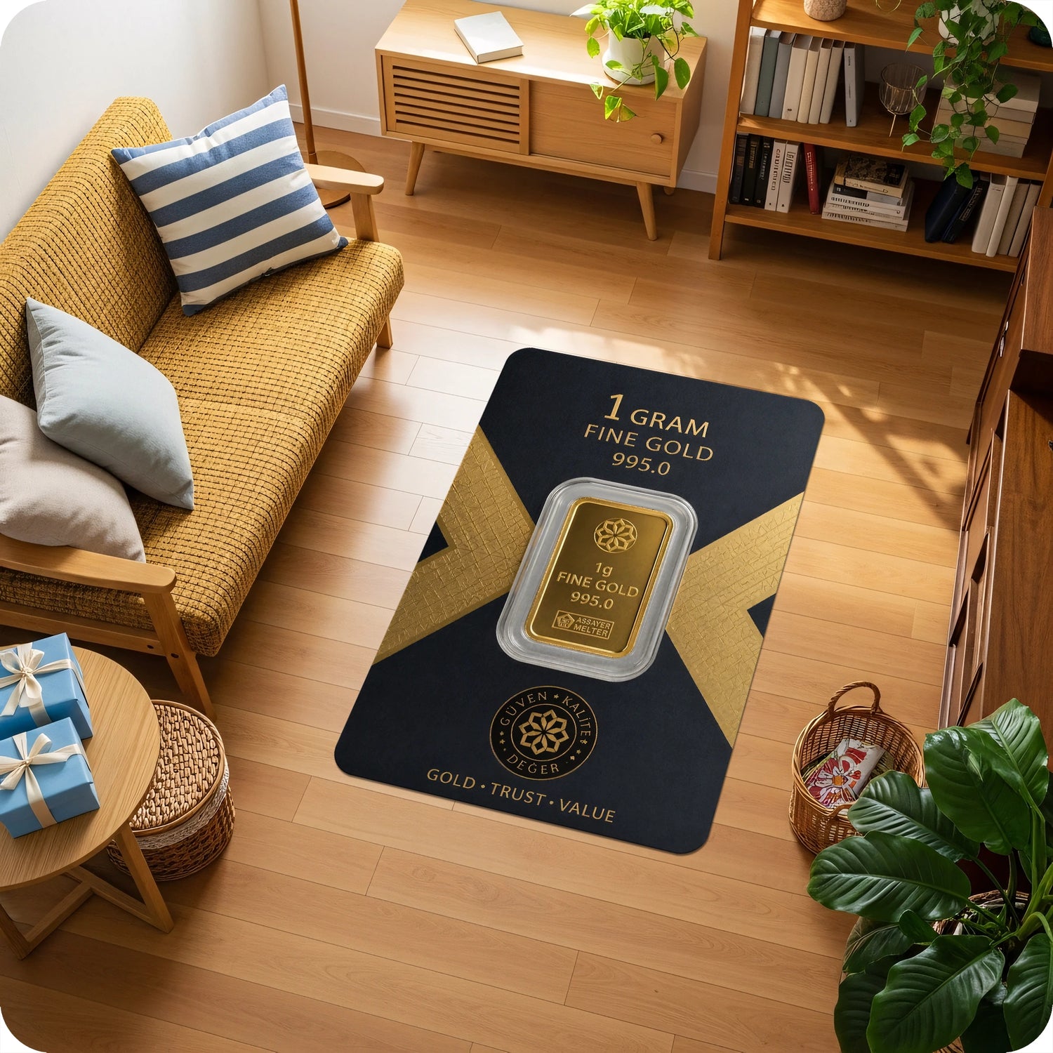 1 Gram Altın Kart Desenli Yatırım Temalı Düğün Hediyesi Dekor Halı