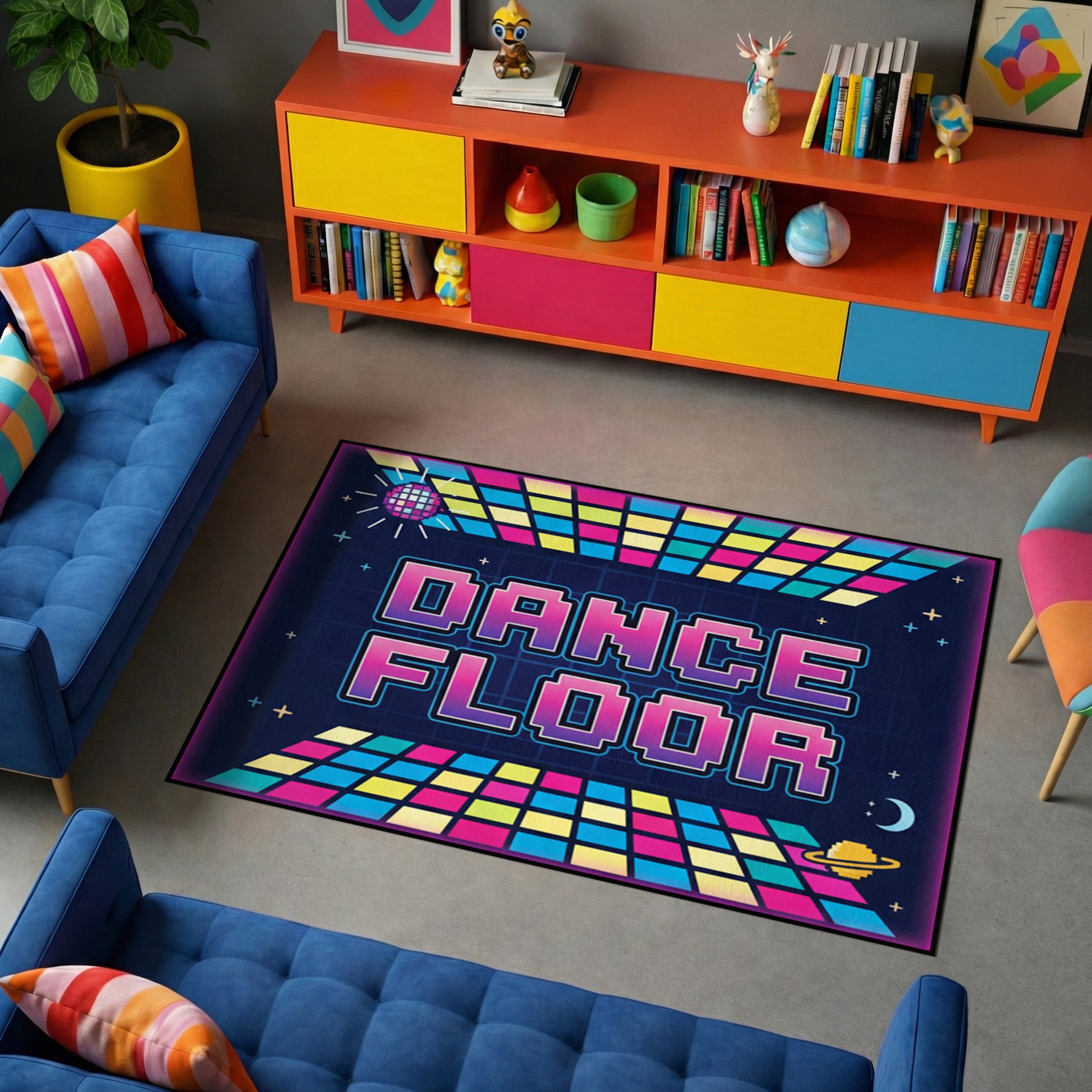 Eğlenceli ve grafik tarzda hazırlanmış dekoratif halı, merkezde büyük DANCE FLOOR yazısı barındırır. Koyu zemin üzerinde neon renkli desenler ve net hatlar ile güçlü bir kompozisyon oluşturur.