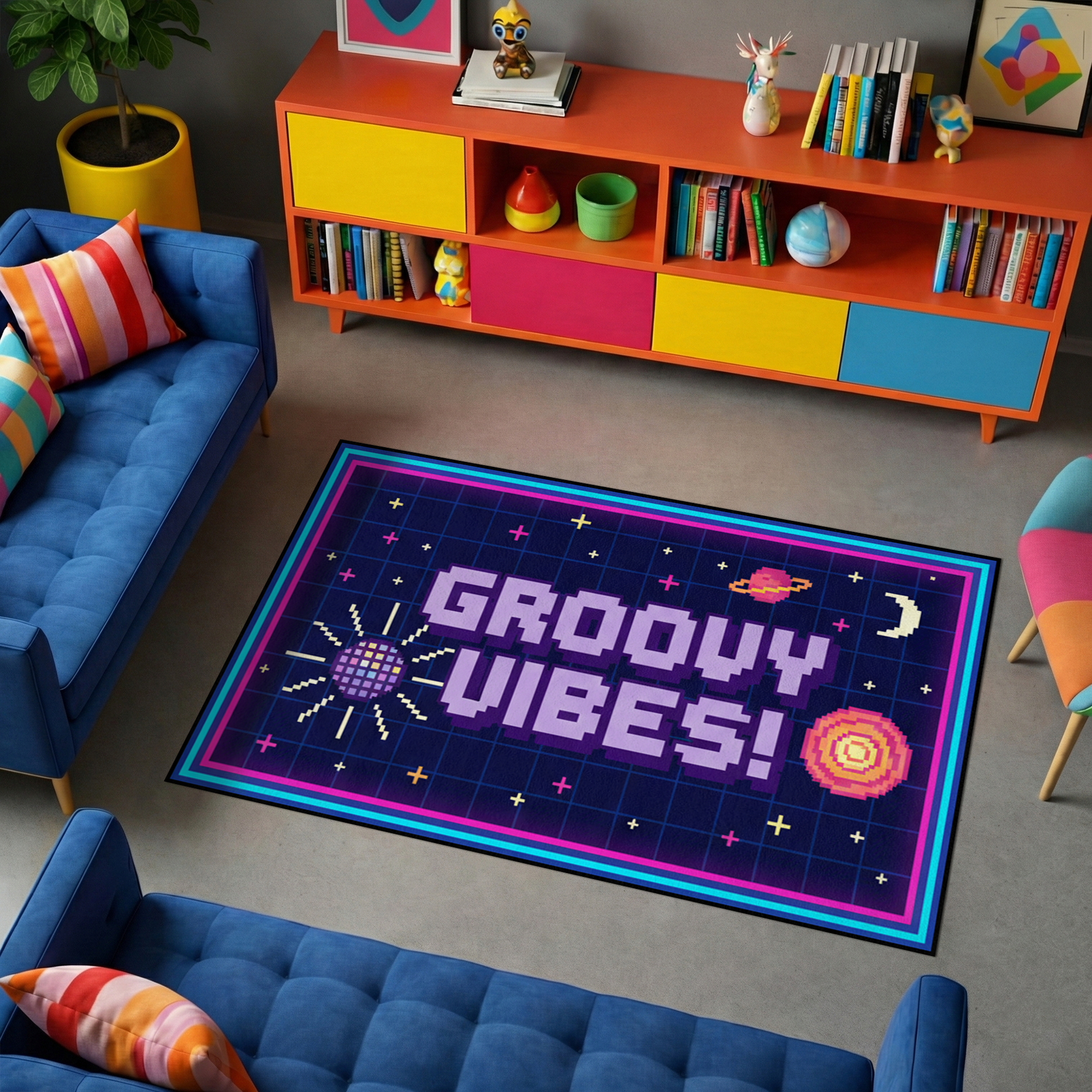 Retro ve pop-art dekoratif halı tasarımı, merkezde enerjik GROOVY VIBES yazısı içerir. Parlak renkler ve uzay temalı grafikler ile dikkat çekici ve estetik bir görünüm sunar.