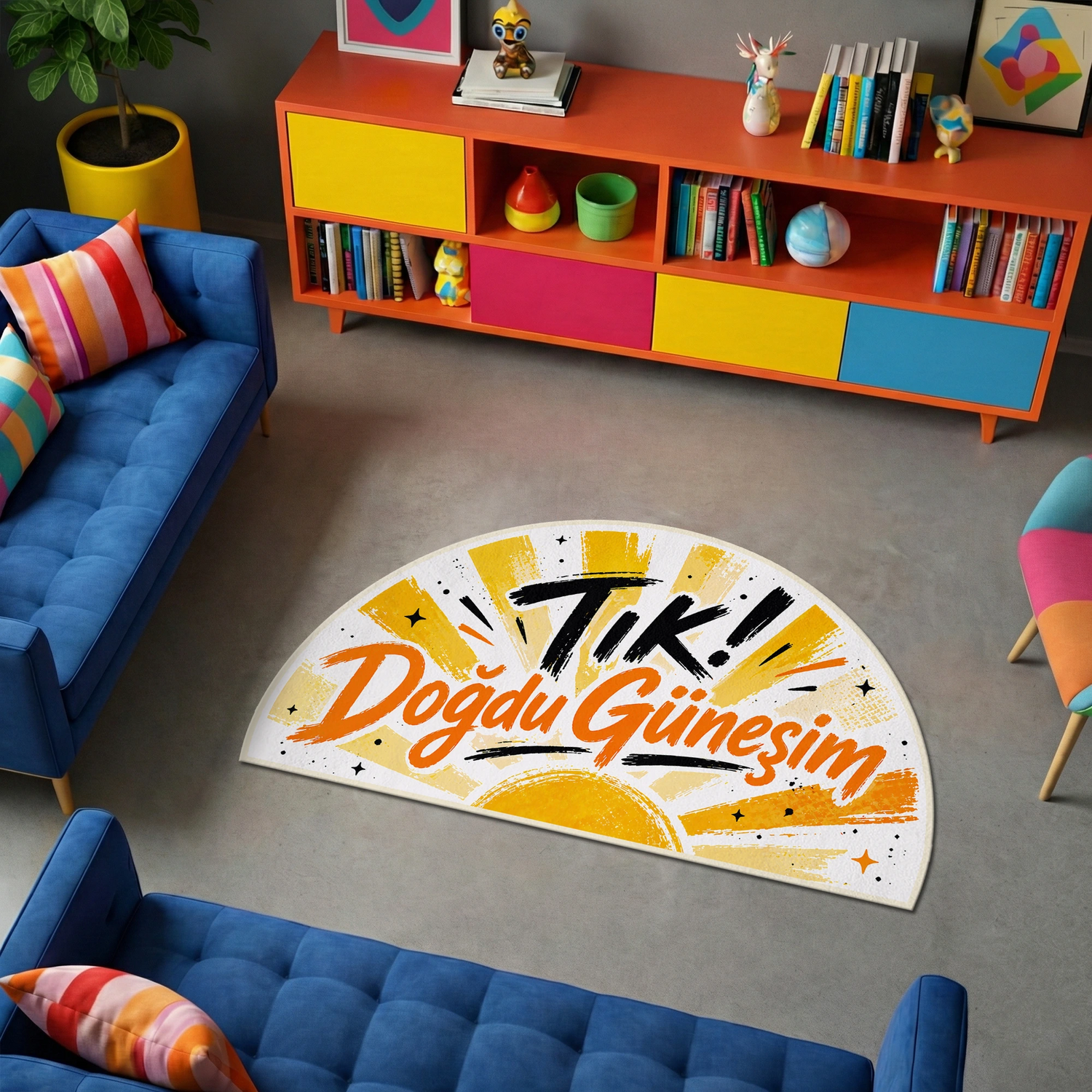 Tık Doğdu Güneşim Yazılı Gündoğumu Desenli Halı - Dopamin Trend Tasarım