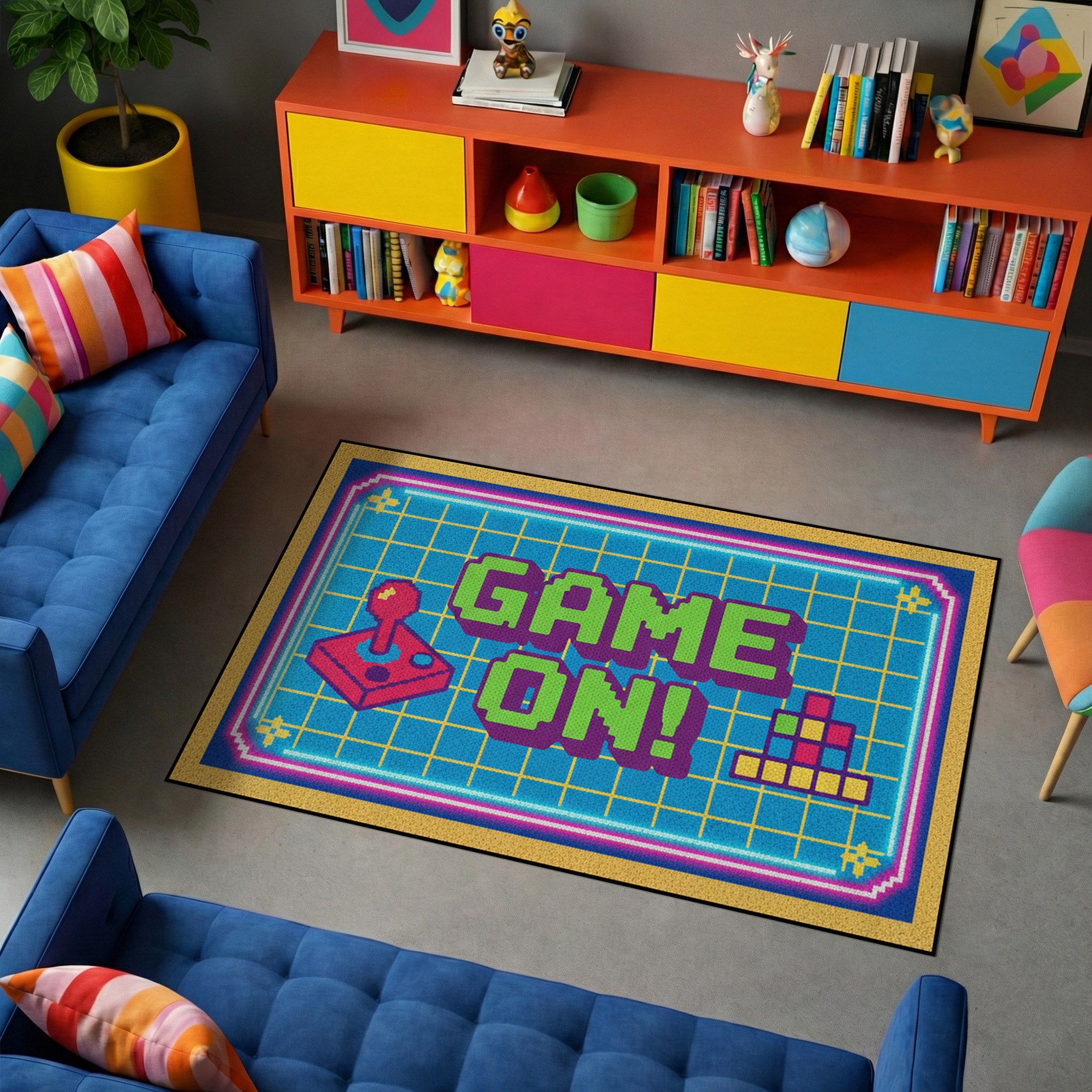Eğlenceli ve dikkat çekici tasarıma sahip halı, merkezde GAME ON! yazısı barındırır. Retro joystick ve piksel grid detayları ile nostaljik ve canlı bir atmosfer oluşturur.