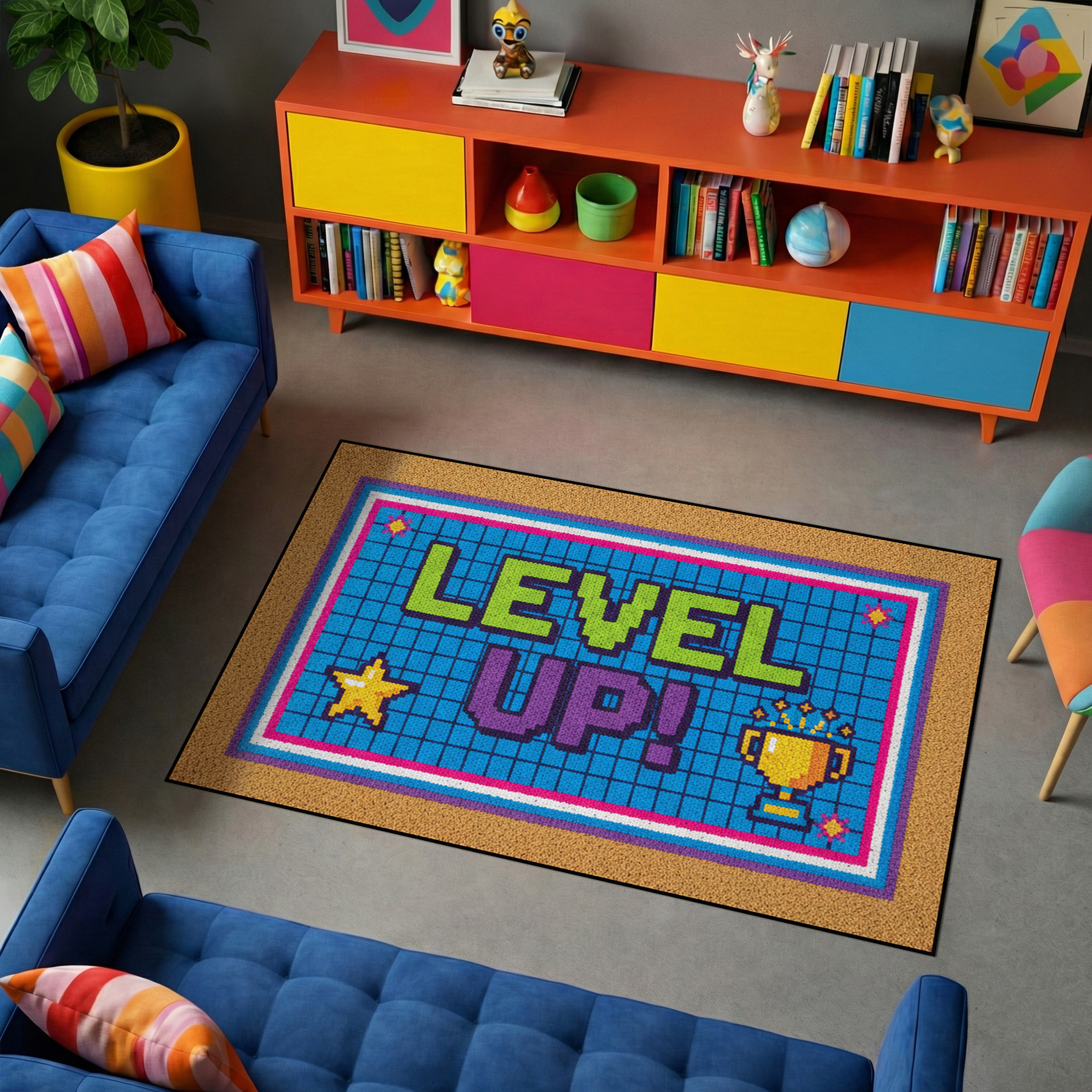 Grafik ve retro oyun tarzında hazırlanmış dekoratif halı, merkezde LEVEL UP yazısı barındırır. Mavi zemin üzerinde piksel efektler ve parlak renkler ile güçlü bir kompozisyon oluşturur.