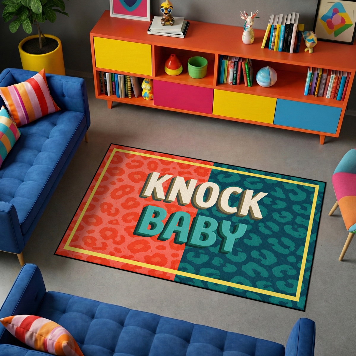 Renkli ve grafik estetikte hazırlanmış halı, ortada KNOCK BABY yazısı içerir. Desenli zemin ve kontrast renk geçişleri ile canlı ve modern bir kompozisyon sunar.