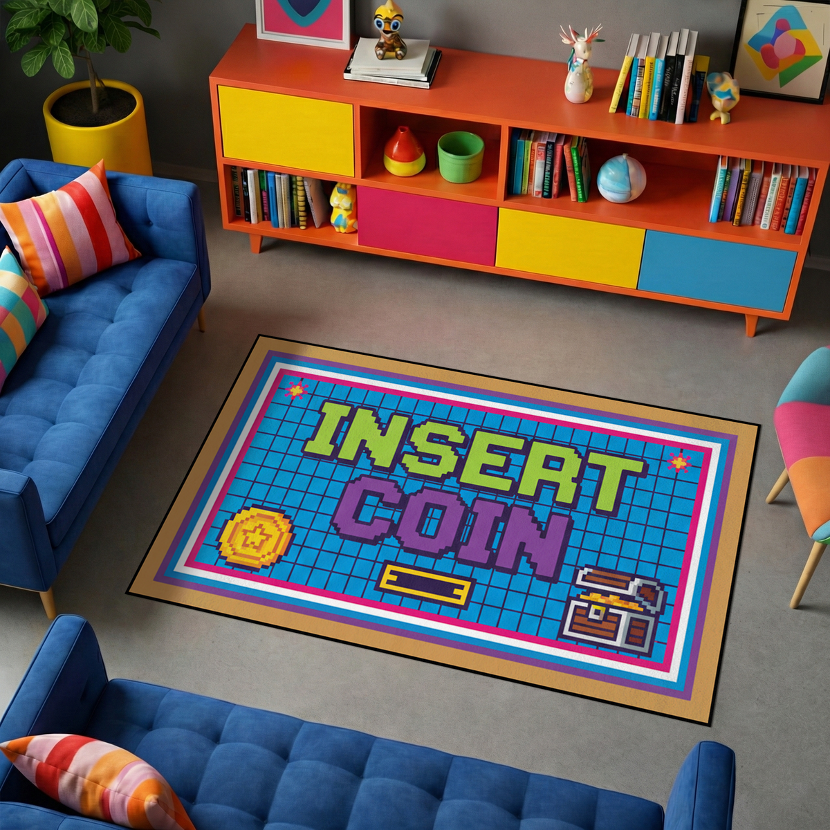 Modern ve nostaljik arcade stilini birleştiren dekoratif halı, INSERT COIN yazısı ile öne çıkar. Canlı renkler ve piksel grafikler ile enerjik bir görünüm sunar.