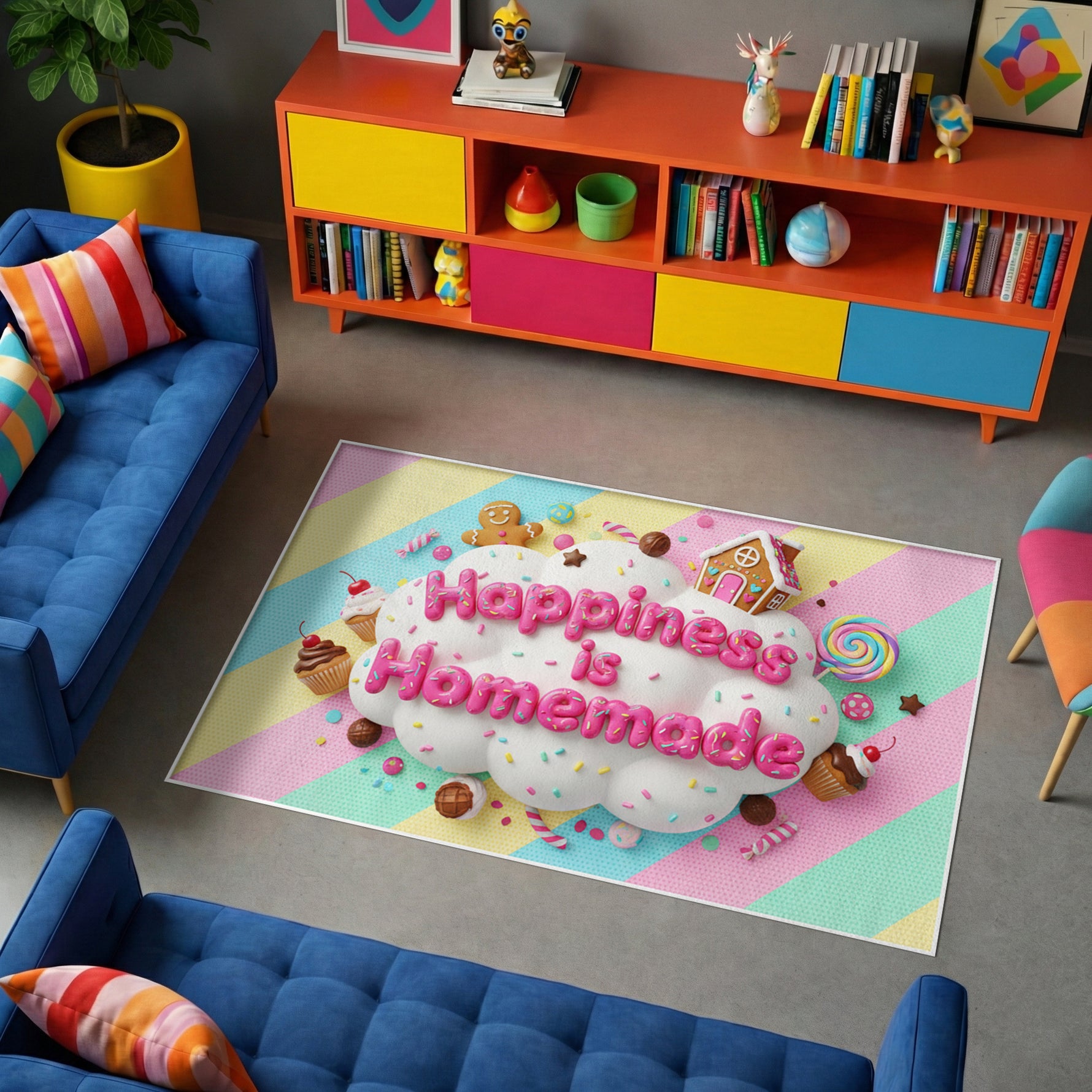 Renkli ve eğlenceli stilde tasarlanmış dekoratif halı, merkezde Happiness is Homemade yazısı içerir. Pastel tonlu zemin üzerinde şeker ve tatlı figürleri ile neşeli ve dikkat çekici bir kompozisyon sunar.