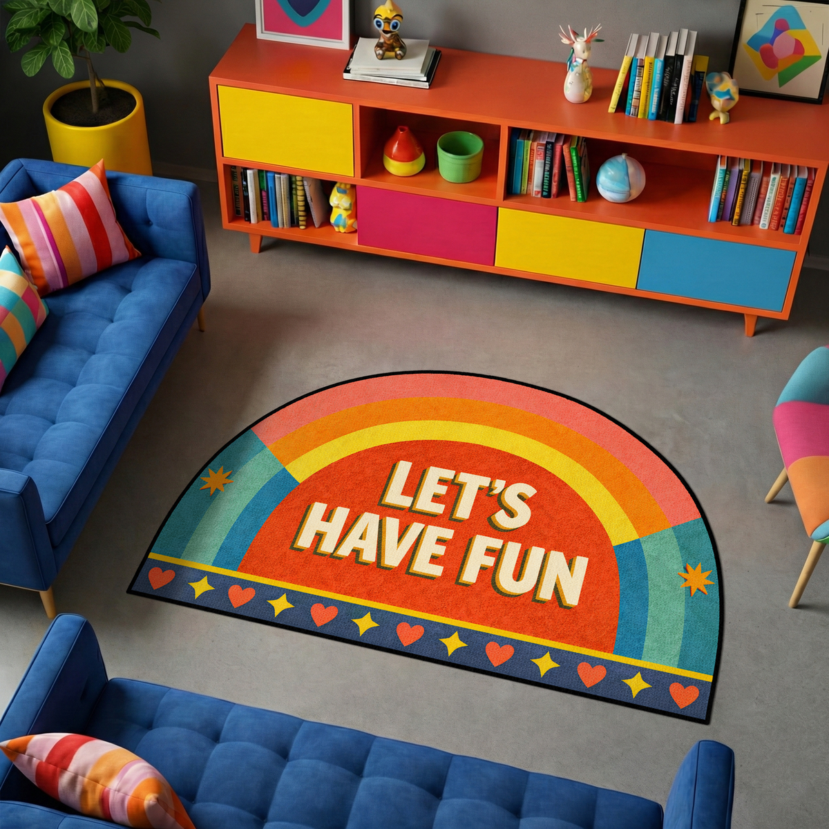 Renkli ve eğlenceli tasarıma sahip halı, ortada LET’S HAVE FUN yazısı içerir. Gökkuşağı formu ve kalp ile yıldız motifleri ile dinamik bir kompozisyon oluşturur.