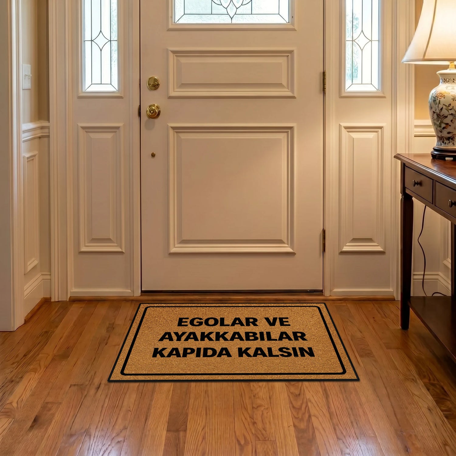 Egolar ve Ayakkabılar Kapıda Kalsın Mesajlı Kapı Önü Halı