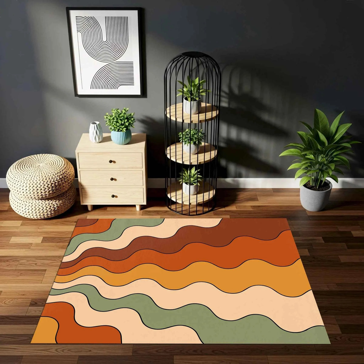 Retro Dalga Desenli Turuncu ve Kiremit Modern Salon Halısı