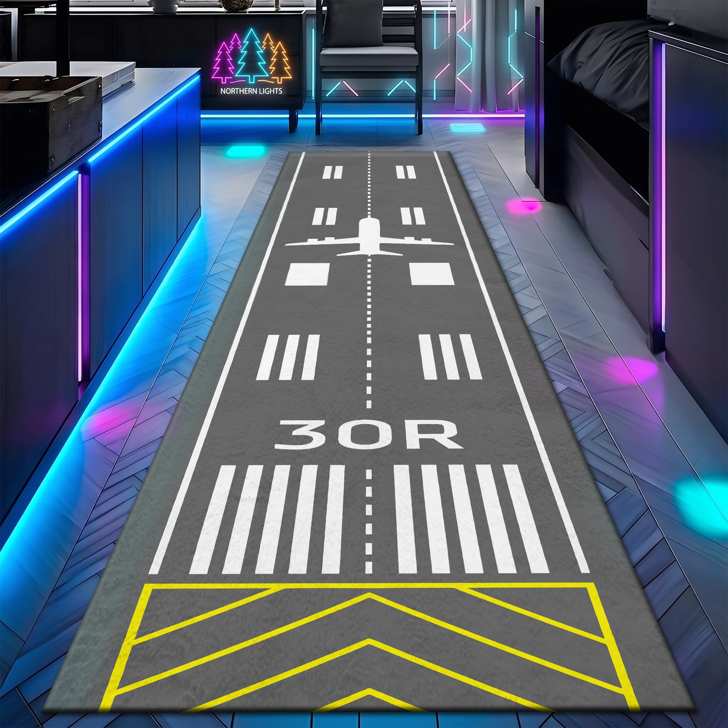 Uçak Havaalanı Pisti Desenli Havacılık ve Uçuş Temalı Yolluk Halı - Tek Yönlü Modern Gri