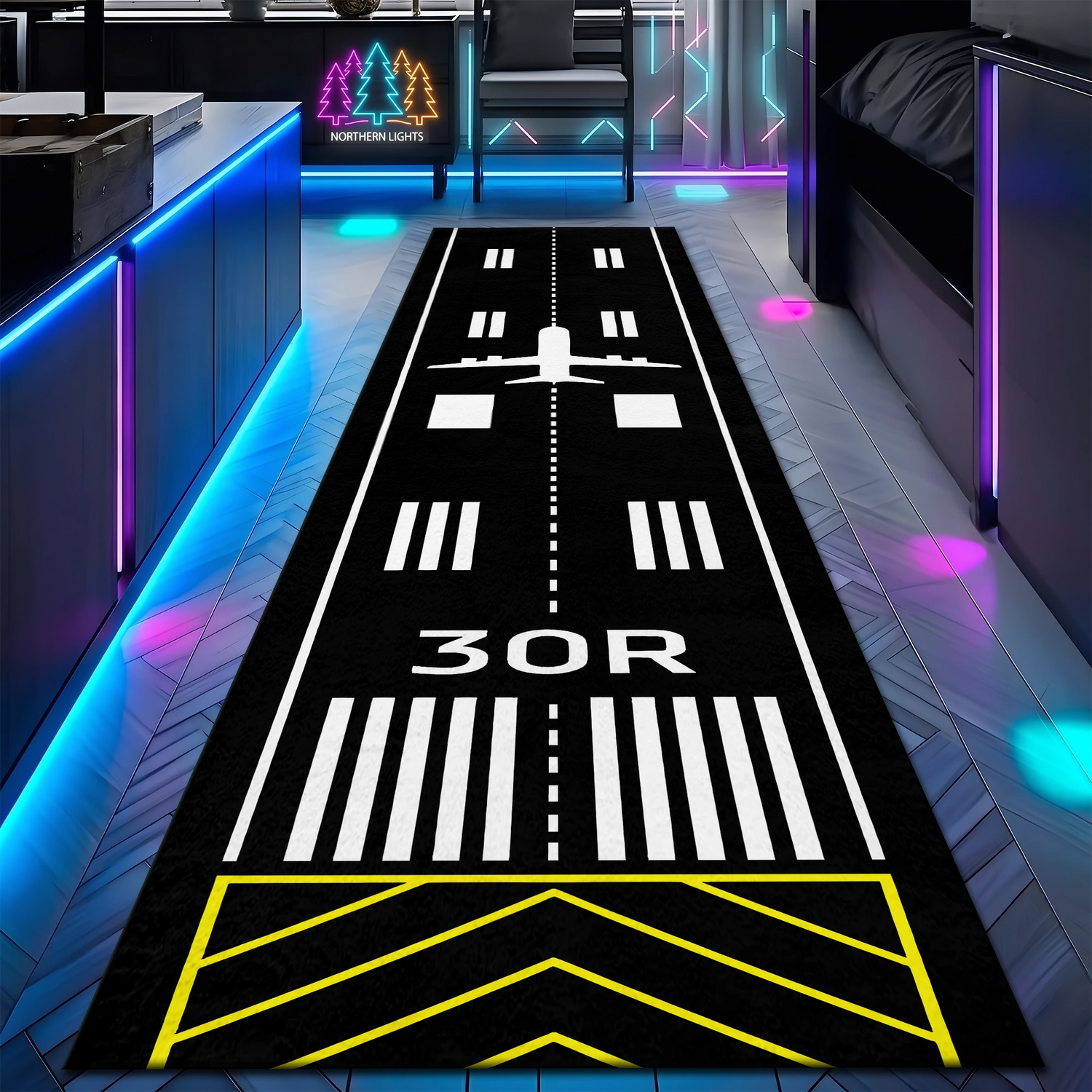 Uçak Havaalanı Pisti Desenli Havacılık ve Uçuş Temalı Yolluk Halı - Tek Yönlü Modern Siyah