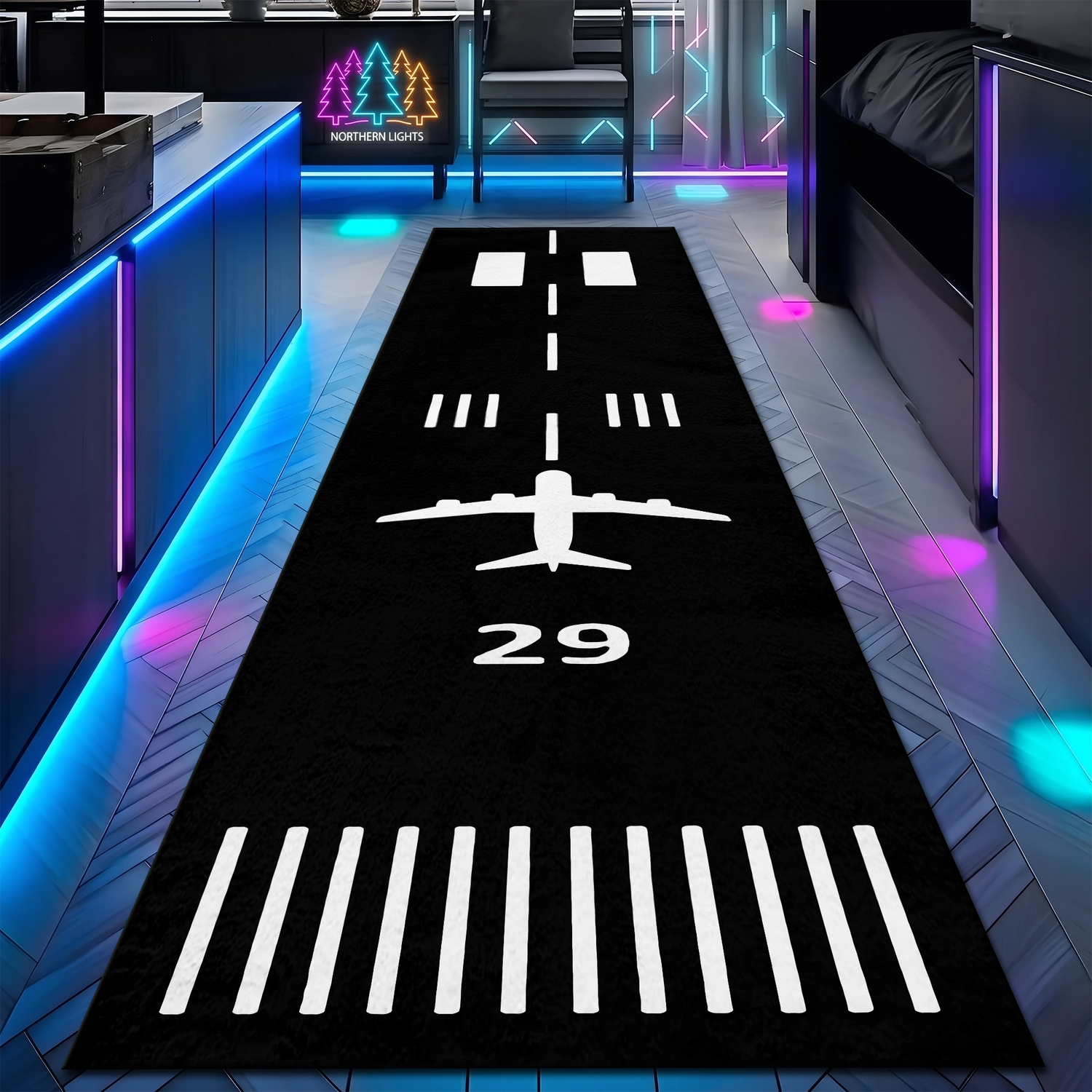 Uçak Havaalanı Pisti Desenli Havacılık ve Uçuş Temalı Yolluk Halı - Klasik Siyah