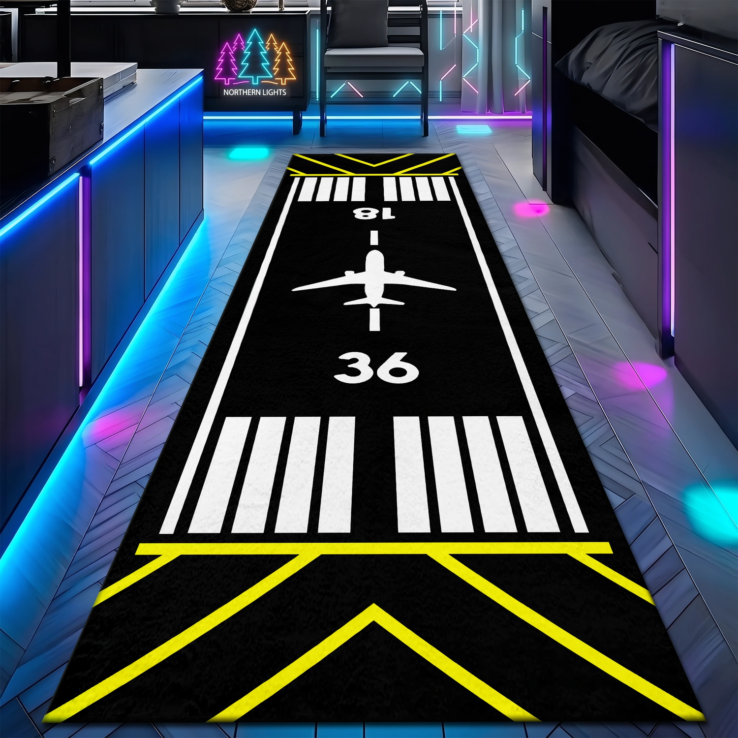 Uçak Havaalanı Pisti Desenli Havacılık ve Uçuş Temalı Yolluk Halı - İki Yönlü Modern Siyah