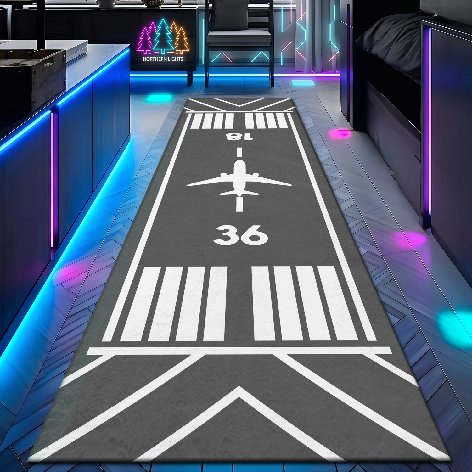 Uçak Havaalanı Pisti Desenli Havacılık ve Uçuş Temalı Yolluk Halı - İki Yönlü Modern Gri