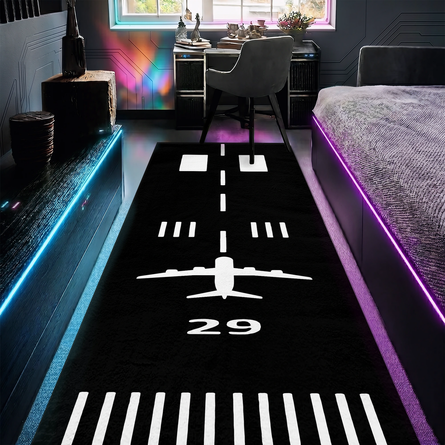 Uçak Havaalanı Pisti Desenli Havacılık ve Uçuş Temalı Yolluk Halı - Klasik Siyah