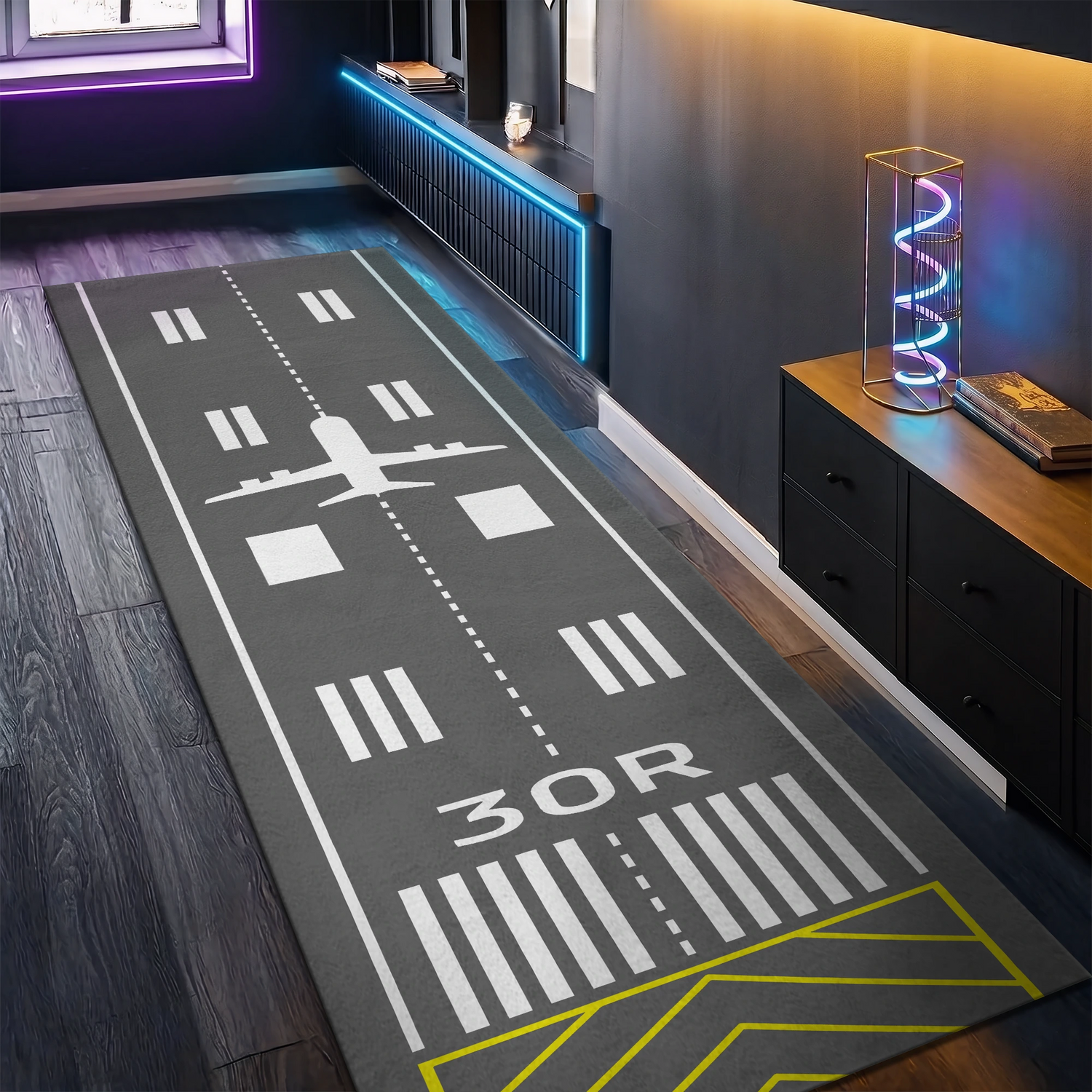 Uçak Havaalanı Pisti Desenli Havacılık ve Uçuş Temalı Yolluk Halı - Tek Yönlü Modern Gri