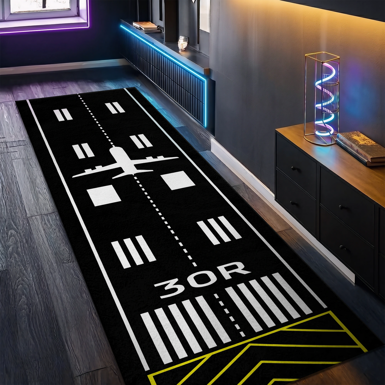 Uçak Havaalanı Pisti Desenli Havacılık ve Uçuş Temalı Yolluk Halı - Tek Yönlü Modern Siyah