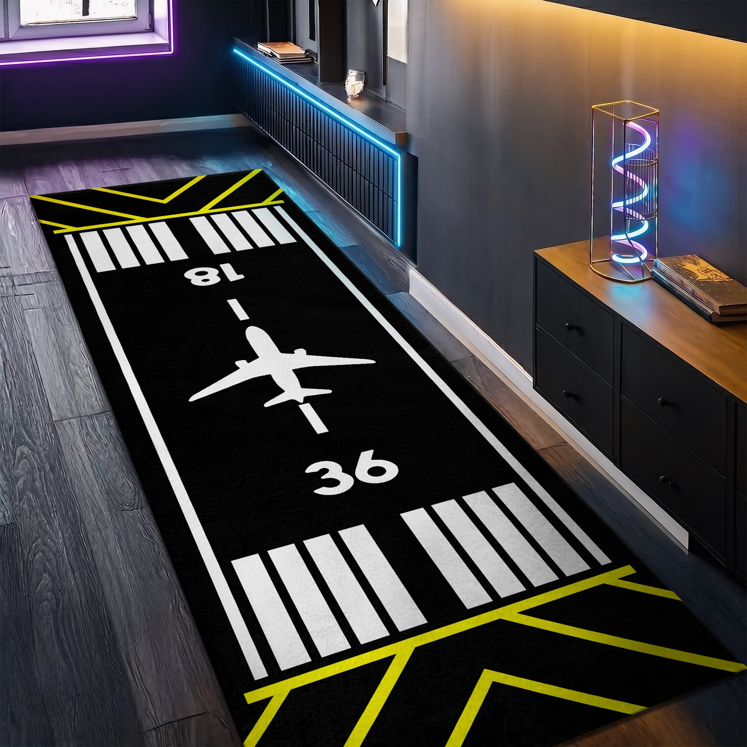Uçak Havaalanı Pisti Desenli Havacılık ve Uçuş Temalı Yolluk Halı - İki Yönlü Modern Siyah