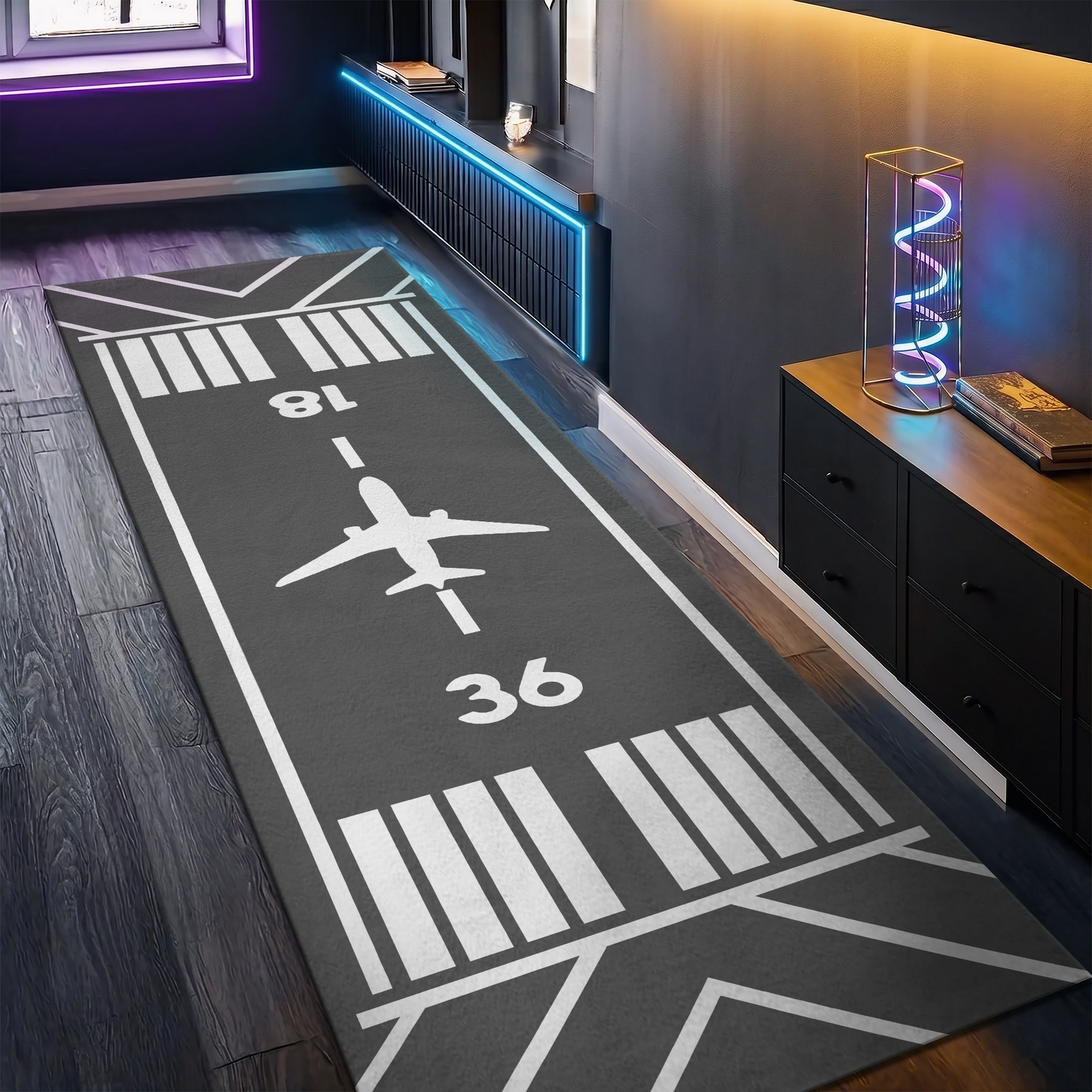 Uçak Havaalanı Pisti Desenli Havacılık ve Uçuş Temalı Yolluk Halı - İki Yönlü Modern Gri