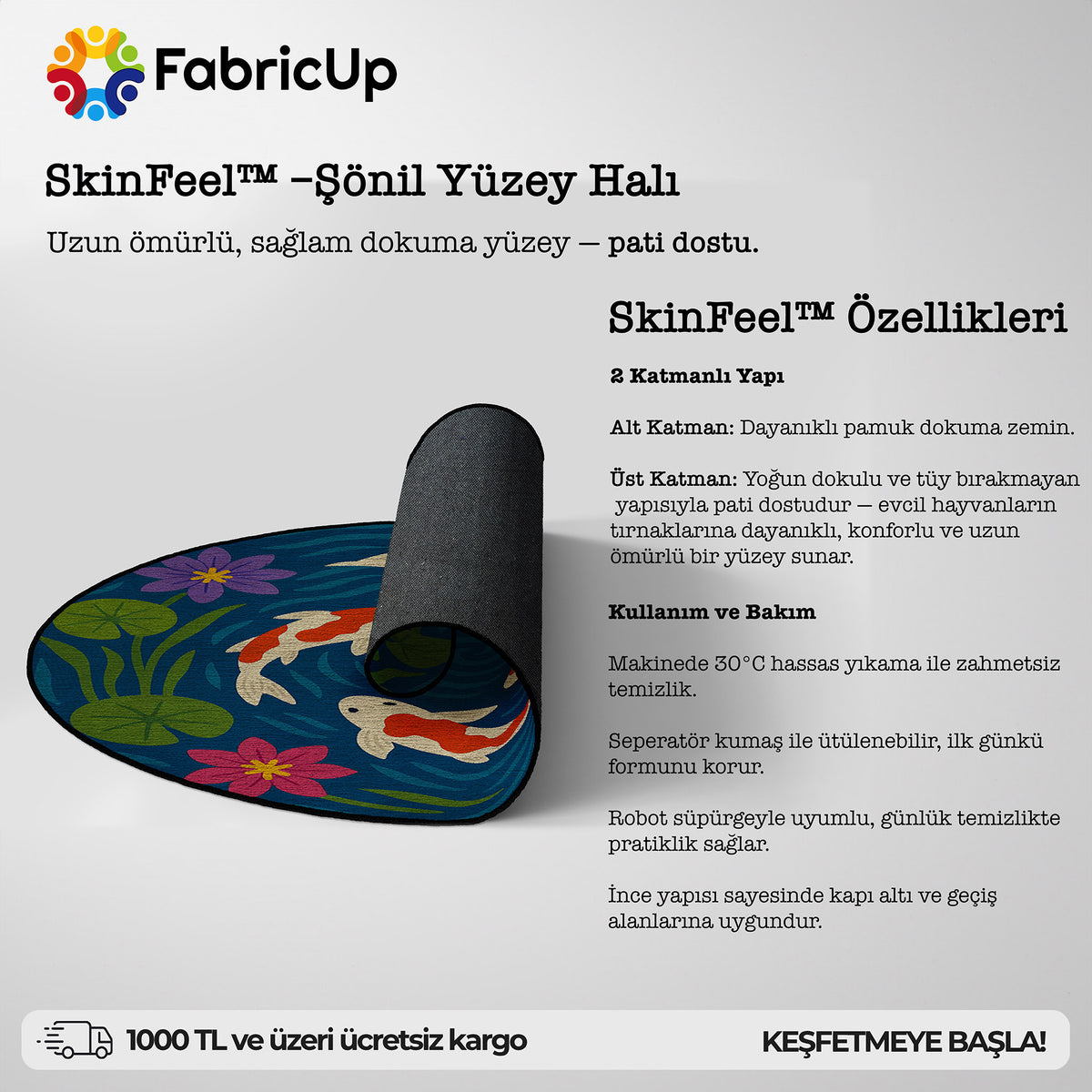 FabricUp SkinFeel™ Şönil Yüzey Halı için hazırlanan bilgilendirici infografik, iki katmanlı yapıyı ve yüzey özelliklerini açıklar. Alt katmanda dayanıklı pamuk dokuma zemin bulunur, üst katmanda ise yoğun dokulu ve tüylü yapısıyla yumuşak, konforlu ve uzun ömürlü şönil kumaş yüzey yer alır. Pati dostu olarak tanımlanan bu yüzey, evcil hayvan tırnaklarına karşı dayanıklıdır. 30°C hassas yıkamaya uygun, robot süpürgeyle uyumlu ve ince yapısıyla kapı altlarında rahat kullanım sunar.