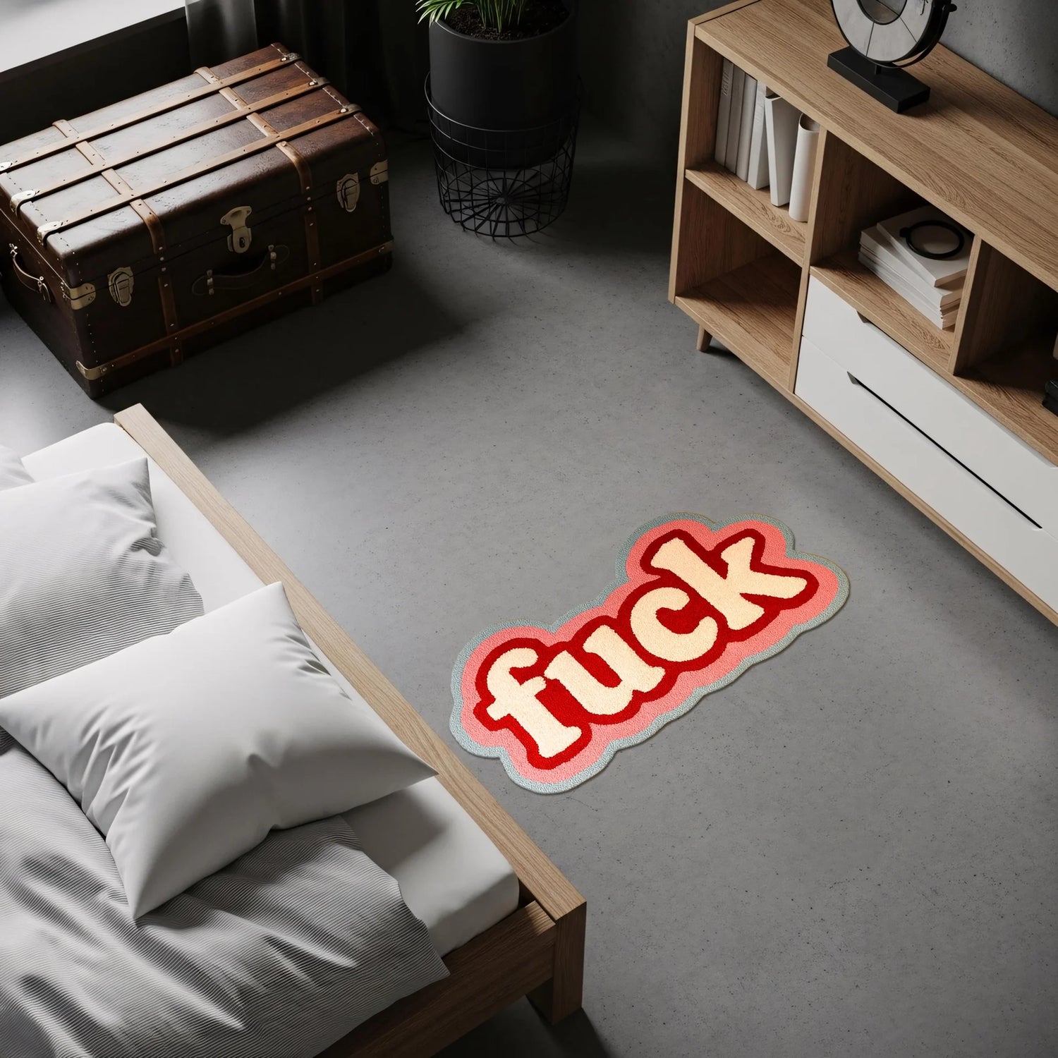 FabricUp tipografi temalı halı, “fuck” yazılı cesur slogan tasarımı, kırmızı beyaz kontrastlı pop art stil, street art estetiği, genç odası ve modern loft dekoru için dikkat çekici grafik zemin halısı, urban tasarım, statement rug.
